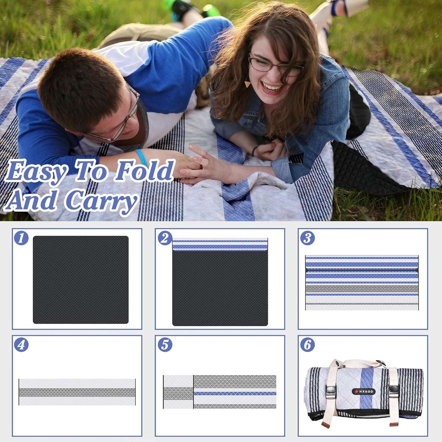 Waterproof Picnic Mat, Outdoor Camping Oversized Field Blanket. Portable Thickened Camping Blanket, Suitable for Beach, Camping, Music Festival, Party, Outdoor Adventure. (Black&Blue&White, 80”x60”)