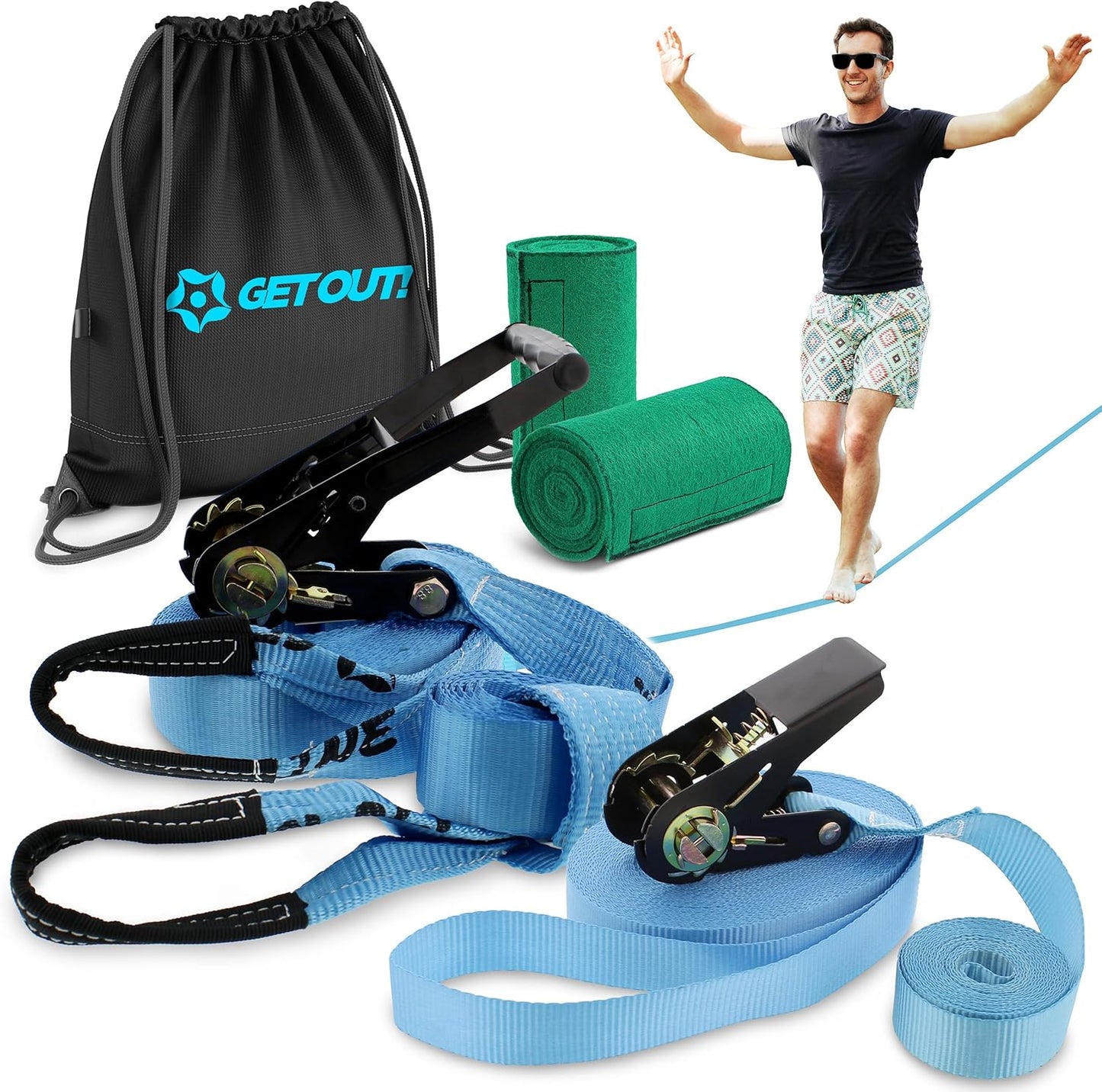 Get Out! Slackline Beginner Kit for Kids and Adults – Classic Slackline with Training Line Complete Kit Bright Blue