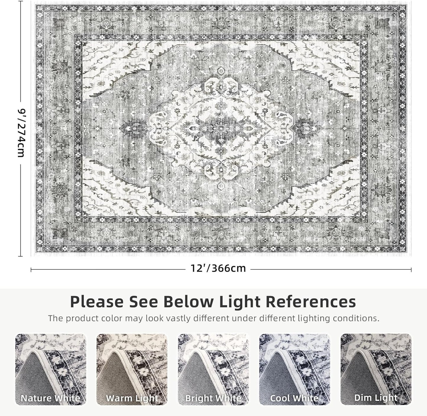 Boho Grey Area Rug 9x12 Rugs for Living Room Distressed Area Rugs, Non Slip Washable Vintage Rugs Carpet Large Rug for Bedroom Dining Room Office, Floor Decoration Big Rug Low-Pile (Grey)