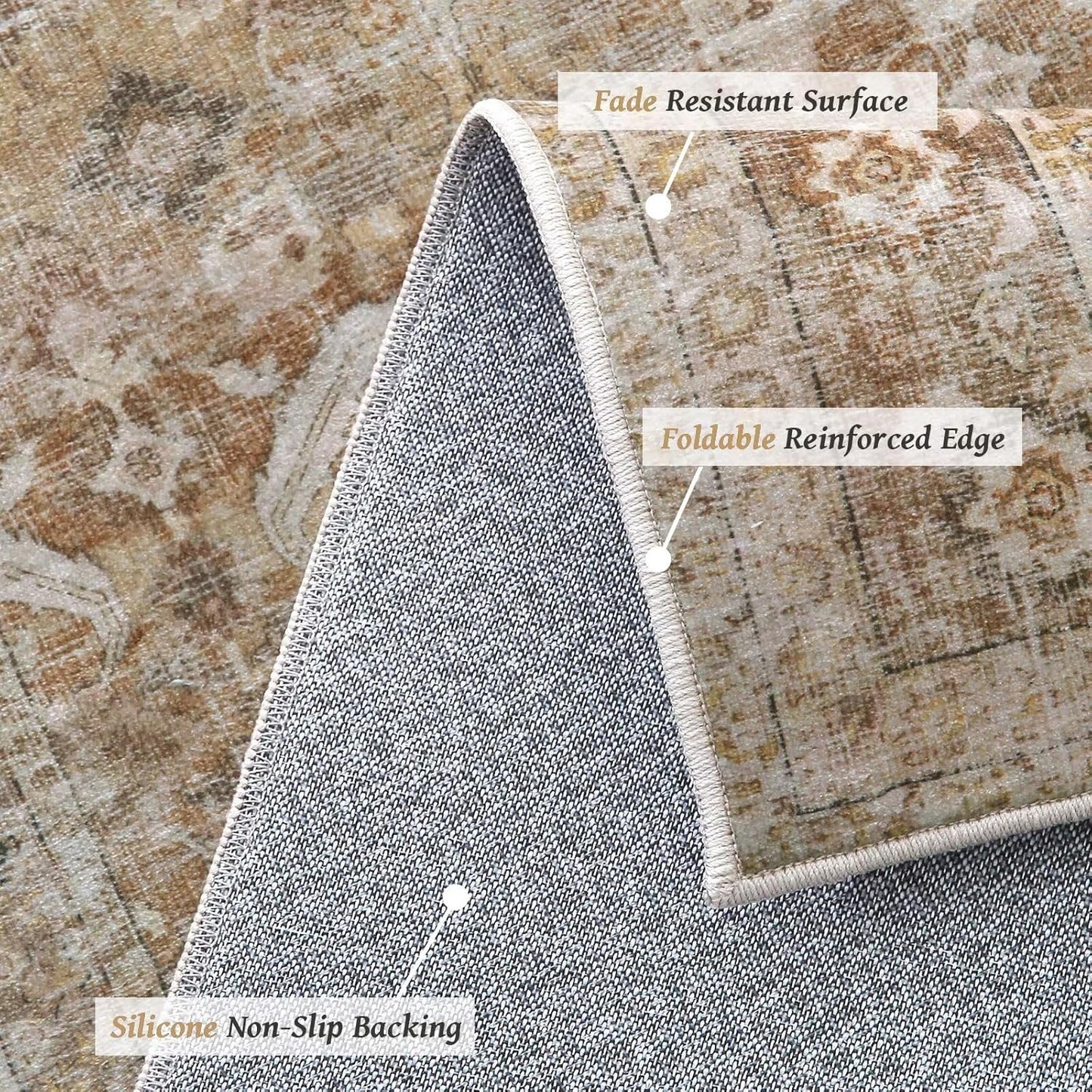 Washable 9x12 Area Rugs for Living Room, Boho Non-Slip Silicone Backing Rugs for Bedroom Dining Room Nursery Office, 0.3" Neutral Oriental Throw Carpet with 0.16" Cushioning Pad, Brown/Multi