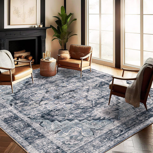 Washable Area Rug 9'x12' Dark Blue Retro Flowers Boho Design Non-Shedding Easy Care Ideal for High Traffic Areas in Living Room Bedroom Office Coffee Table Kitchen Large Carpet