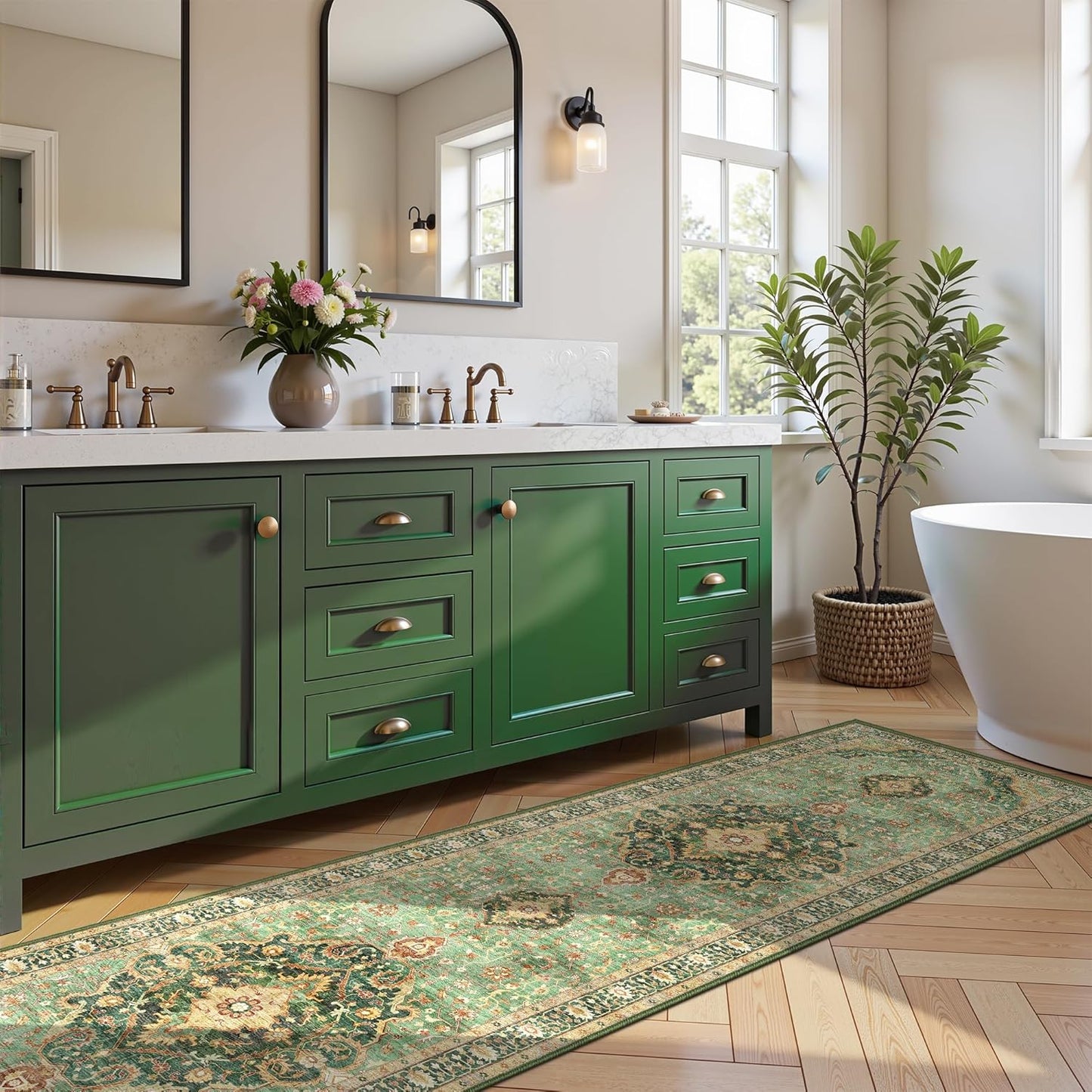 Green Boho Washable 3x12 Extra Long Runner Rug for Hallway, Waterproof Large Kitchen Floor Rug, Non-Slip Stain & Fade Resistant, Vintage Floral Decor