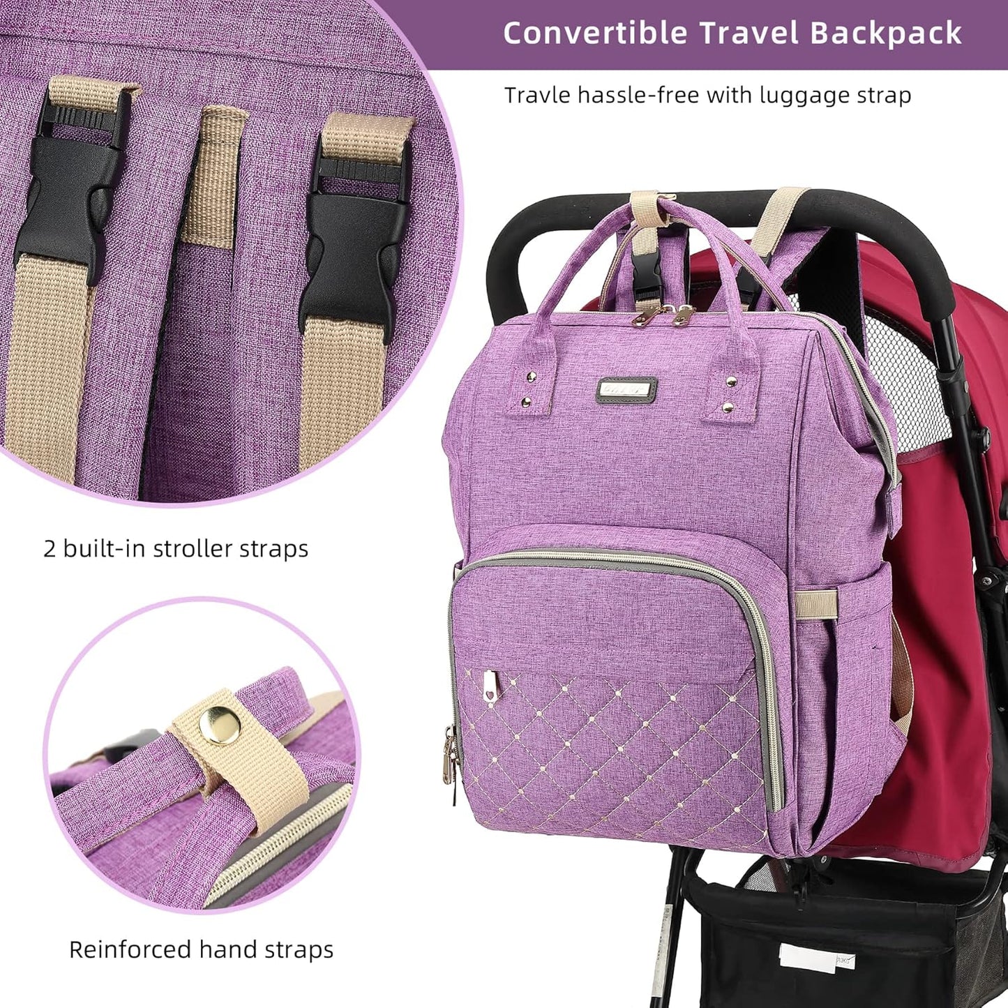 Diaper Bag Backpack, Diaper Bags for Baby Girls Boys, Baby Bags for Moms Dads, Nappy Changing Bag with Insulated Pockets,Multi-functional Waterproof Backpack with Stroller straps-Purple