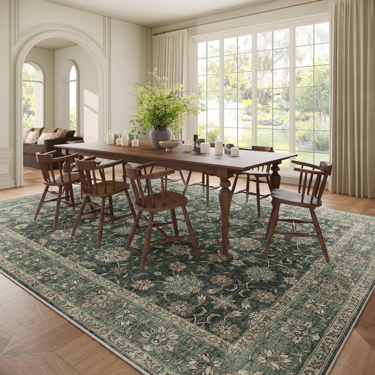 Washable 9x12 Area Rugs for Living Room, Boho Non-Slip Silicone Backing Rugs for Bedroom Dining Room Nursery Office, 0.3" Neutral Oriental Throw Carpet with 0.16" Cushioning Pad, Sage Green/Multi