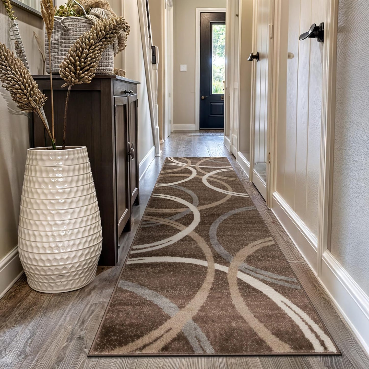 Rugshop Modern Wavy Circles Design Runner Rug 2'7" x 12' Brown