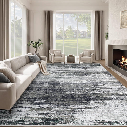 Washable Rug 9x12 Area Rugs for Living Room: Large Neutral Soft Rug Abstract Non Slip Low Pile Modern Carpet for Bedroom Kitchen Nursery Office Dining Room Indoor (Black, 9'x12')