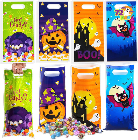 JOYIN 72 PCS Halloween Trick or Treat Bags, Halloween Goodie Candy Bags, Goody Gift Bag, 4 Designs Plastic Snack Bag Bulk for Kids Trick or Treating, Classroom Party Favors, Event Party Supplies