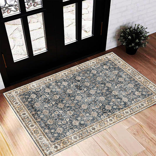 Washable Area Rug 2'x3' Door Mat Vintage Distressed Doormat Indoor Entrance Traditional Thin Rug Floral Print Non Slip Carpet for Kitchen Bathroom Bedroom Living Room