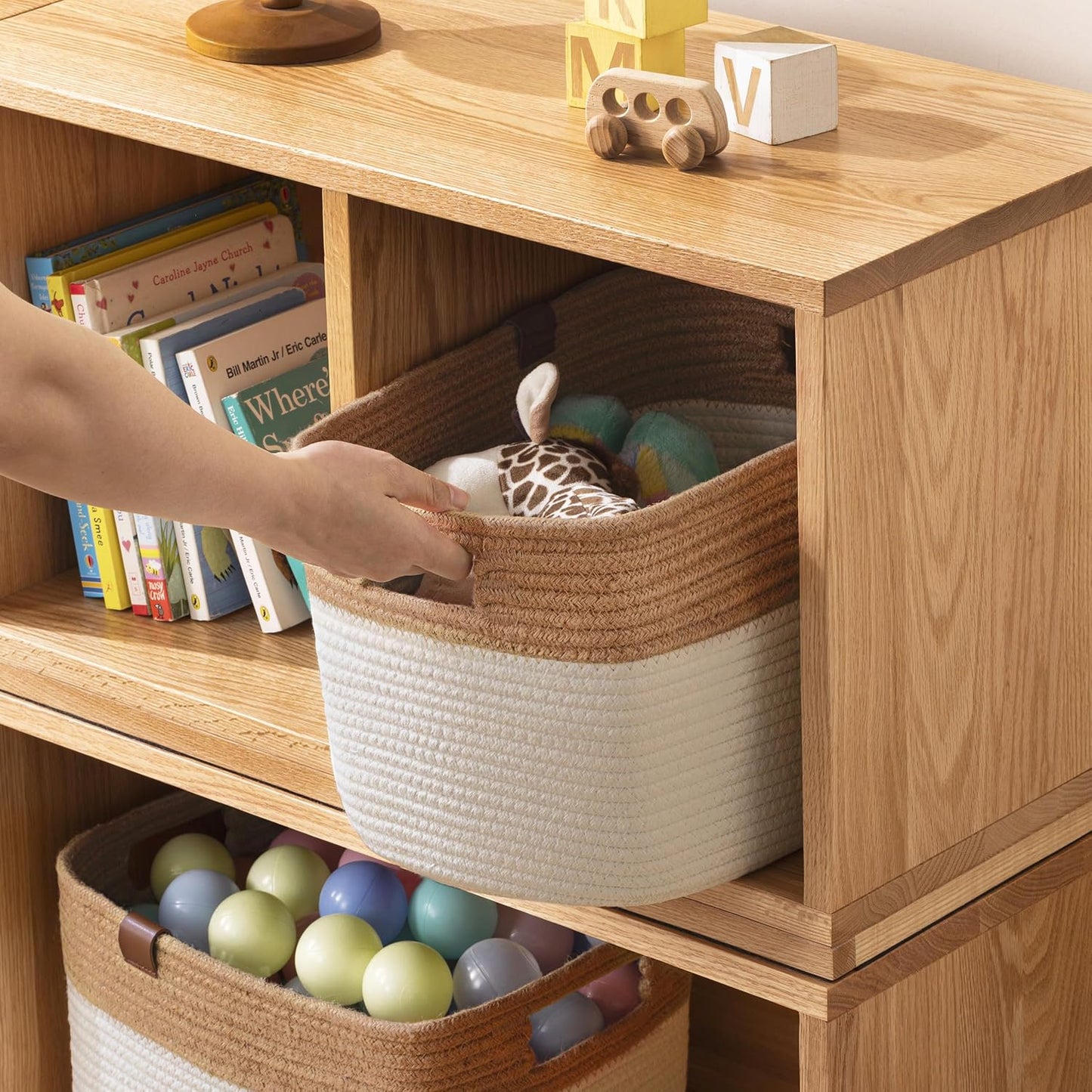 UBBCARE 4 Pack Baskets for Organizing, Woven Storage Baskets with Label for Toys and Towel, Rectangle Cotton Rope Basket with Handles, 15''L x10''W x9''H, Jute&White