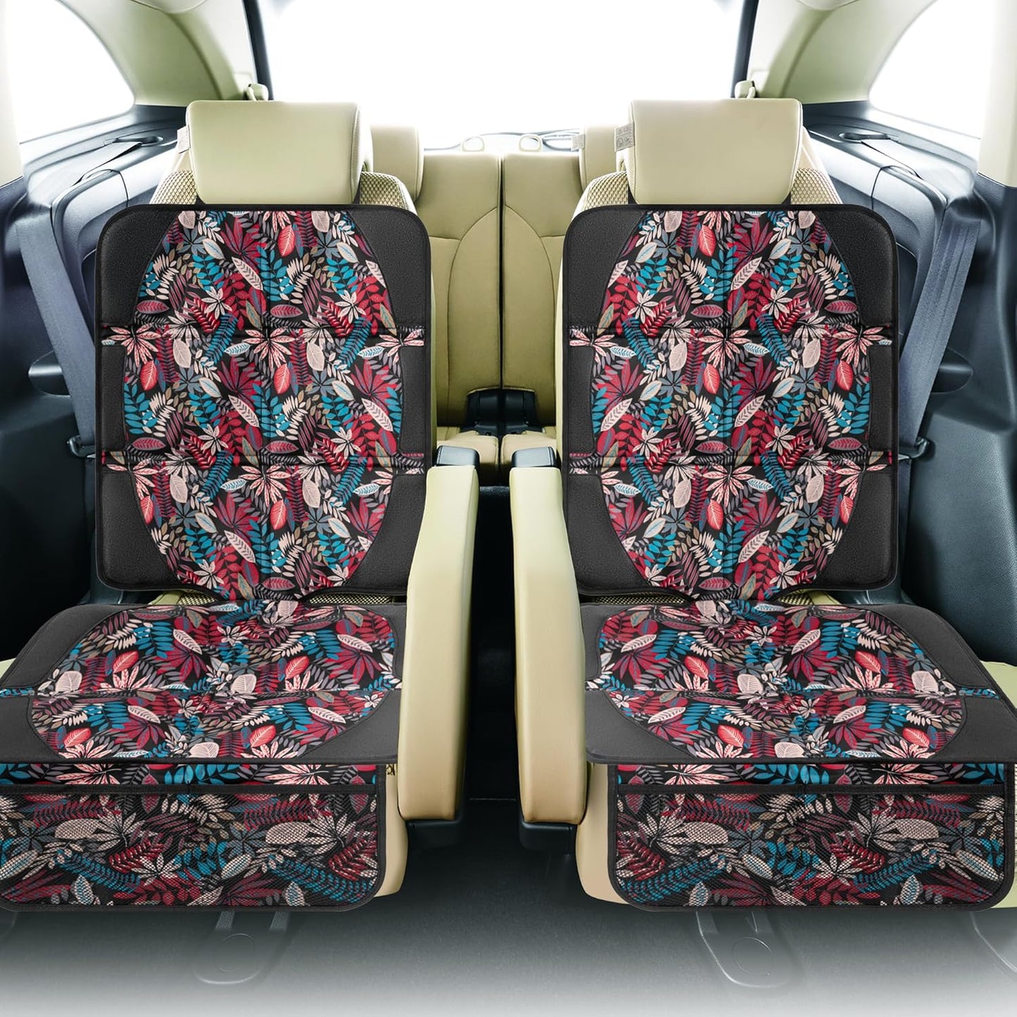 Car Seat Protector for Child Car Seat, 2 Pack Baby Car Seat Covers with Mesh Pockets & Non-Slip Backing 600D Durable Seat Protector Under Baby Car Seat for Car Back Seat (Red Leaves, Large)