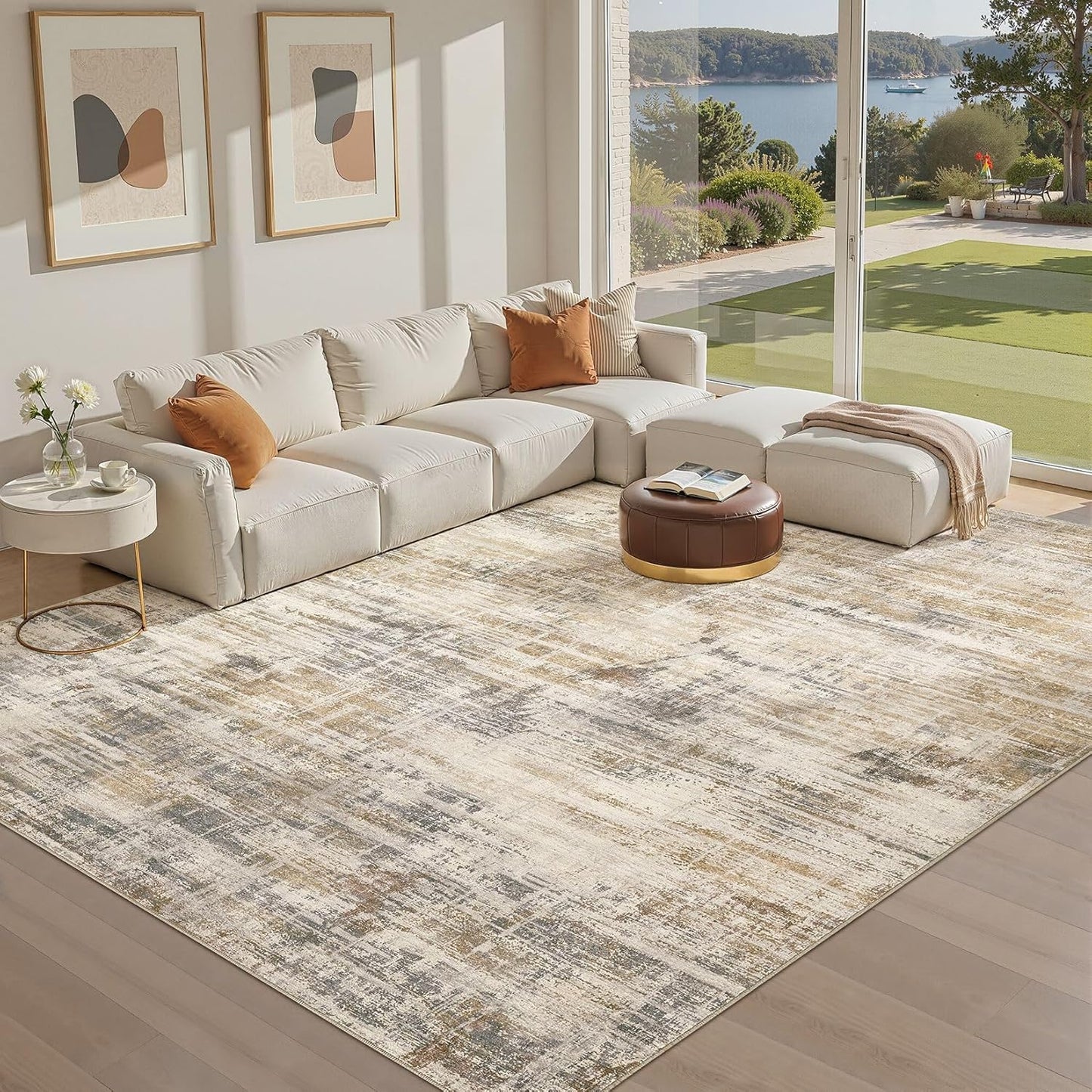 Area Rug for Living Room: 12x15 Washable Neutral Abstract Modern Soft Rugs Non Slip Indoor Floor Stain Resistant Large Carpet for Bedroom Dining Room Office Nursery - Golden Brown