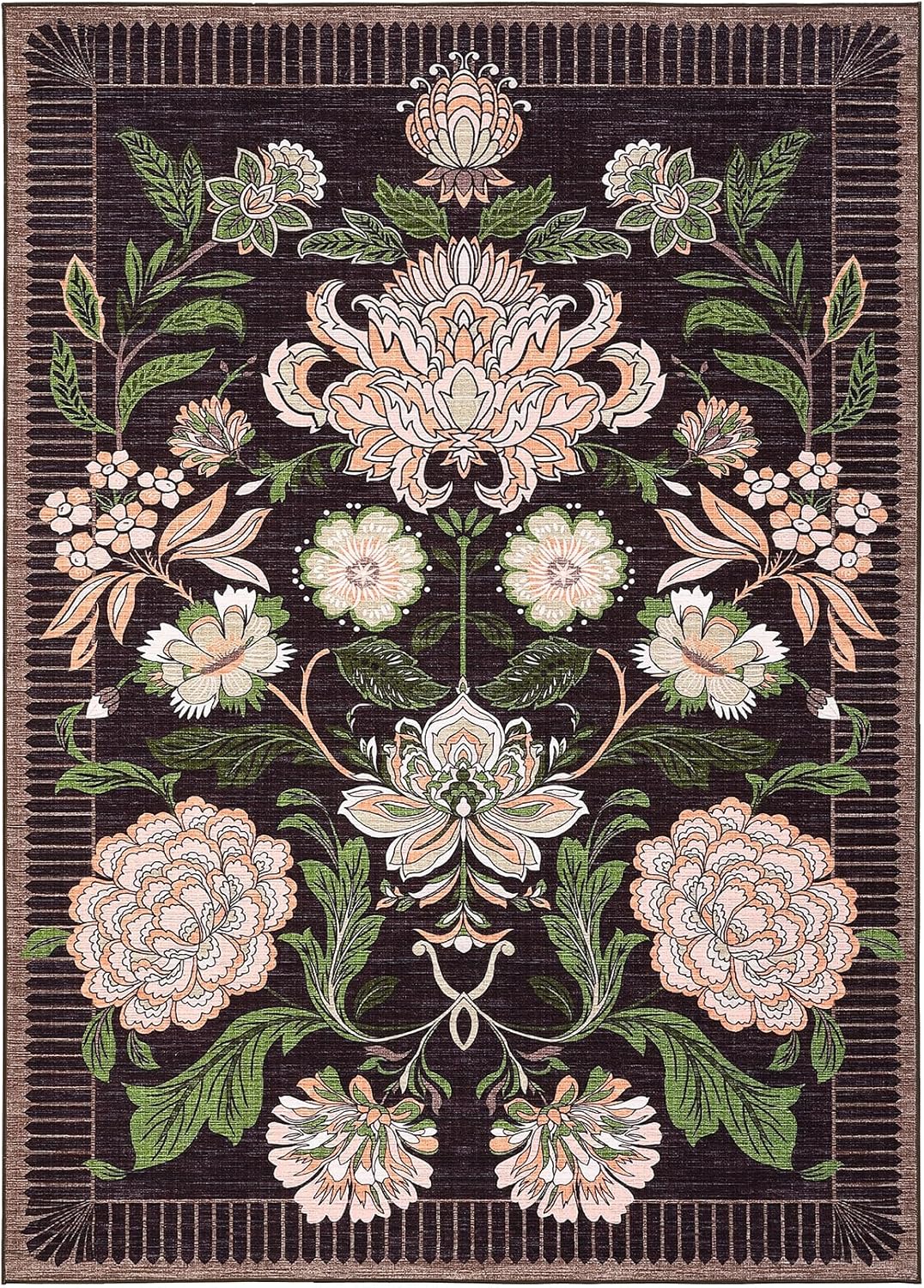 GarveeHome Plum Pink Floral Botanical Washable 8x10 Area Rug for Living Room Soft Black Purple Vintage Boho Cottage Large Rugs Low Pile Carpet for Bedroom Dining Nursery Rug