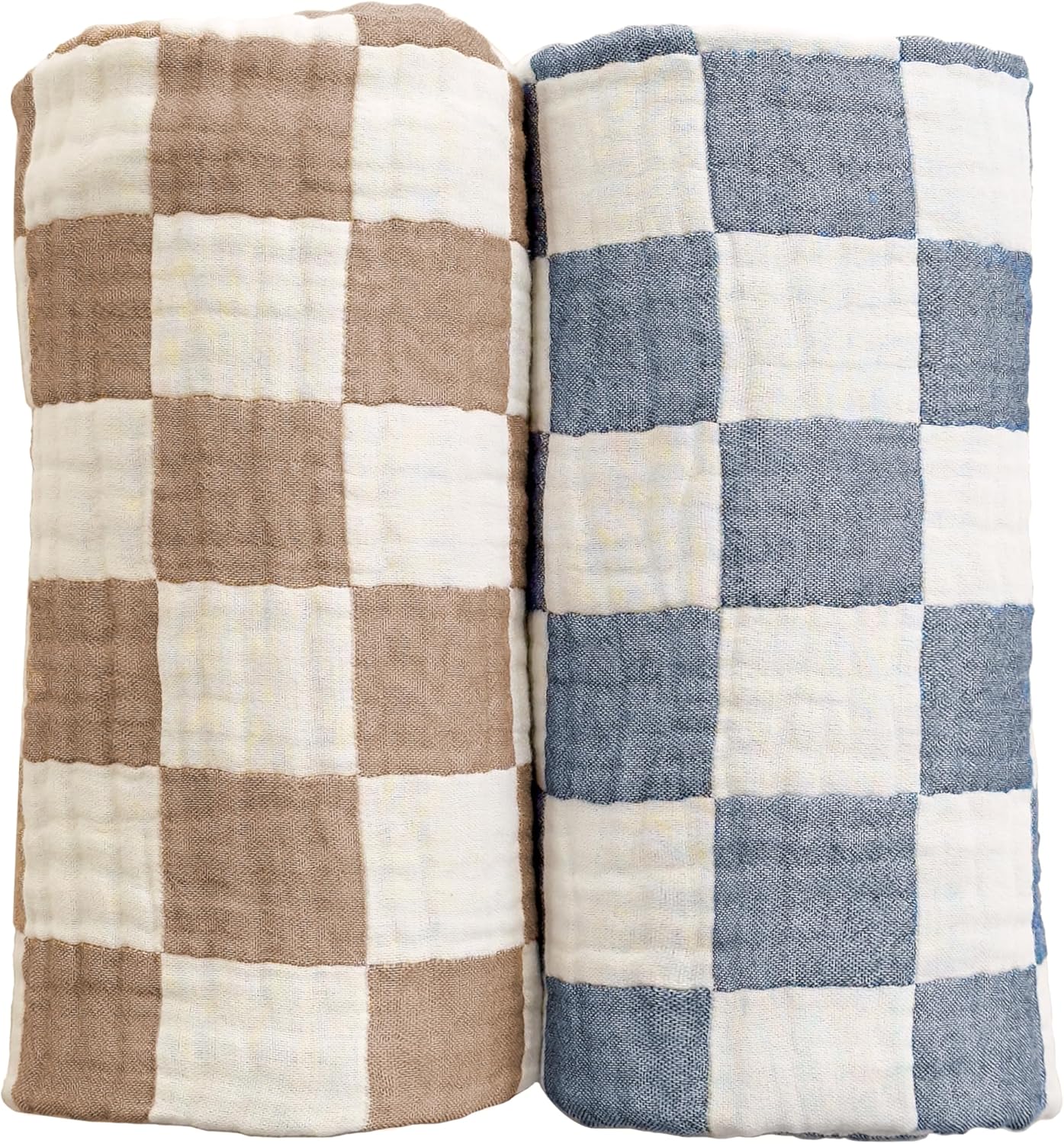 Ultra Soft Checkered Muslin Baby Blanket Pack of 2 Cotton Swaddles Bed Blankets for Babies and Toddlers Boys Newborn 42 x 42 inches (Blue and Coffee)