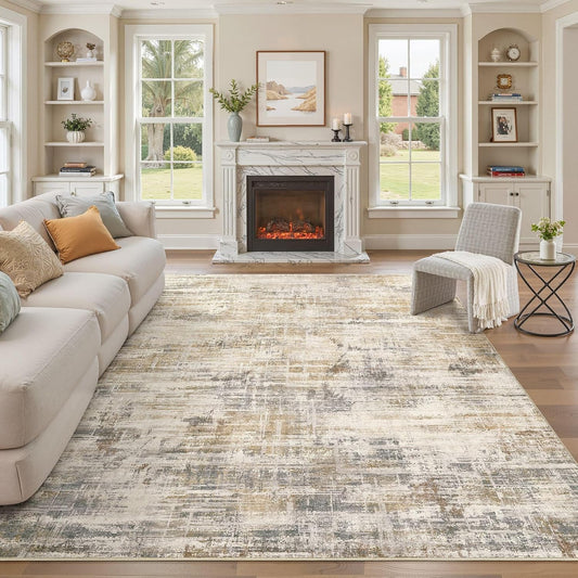 Area Rug for Living Room: 7x9 Washable Neutral Abstract Modern Soft Rugs Non Slip Indoor Floor Stain Resistant Large Carpet for Bedroom Dining Room Office Nursery - Golden Brown
