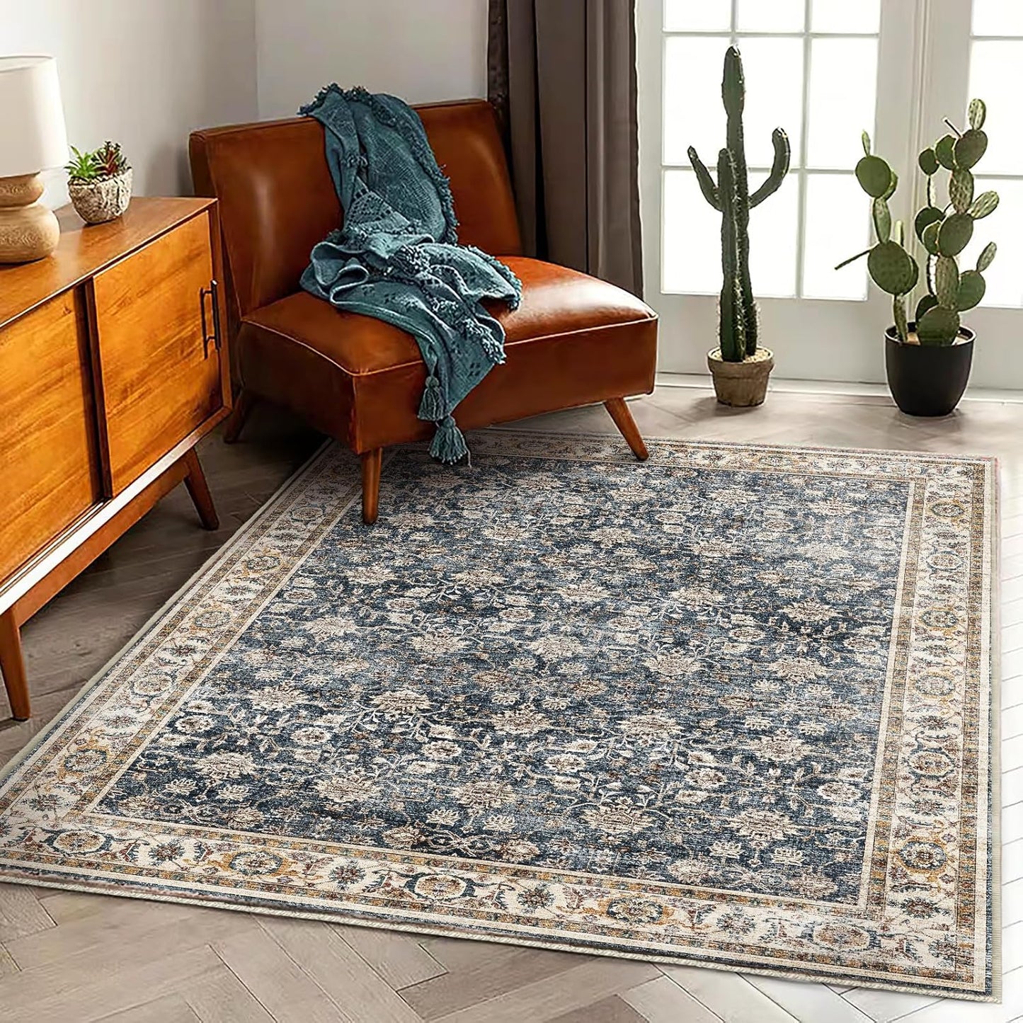 Washable Area Rug 4'x6' Vintage Traditional Floor Cover Foldable Thin Rugs Retro Kitchen Indoor Distressed Non Slip Carpet Floral Print Mat Bedroom Living Room