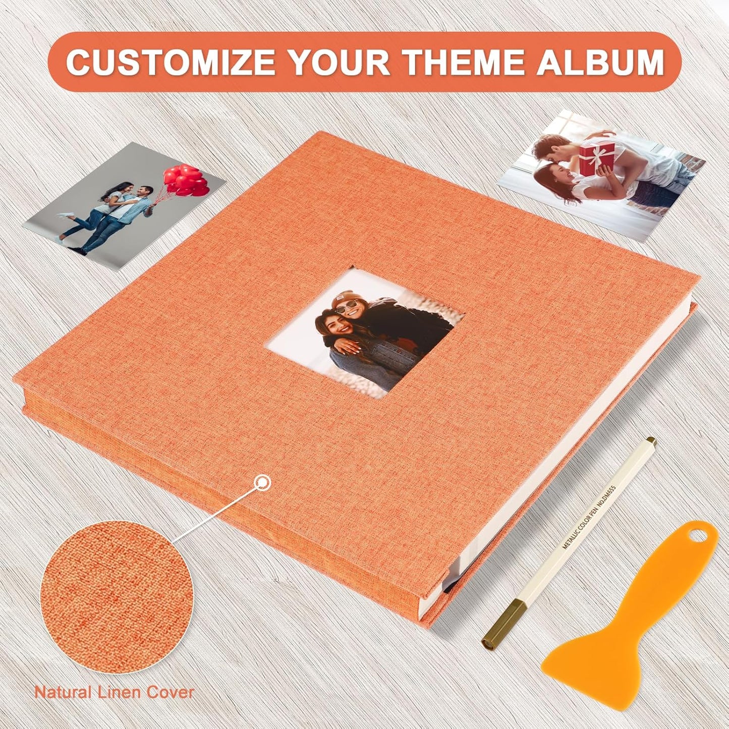 Photo Album Self Adhesive Pages Scrapbook Magnetic Photo Albums for 4x6 5x7 8x10 Pictures Sticky Pages Books for Baby Family Wedding 13.2x12.8 Orange 60 Pages