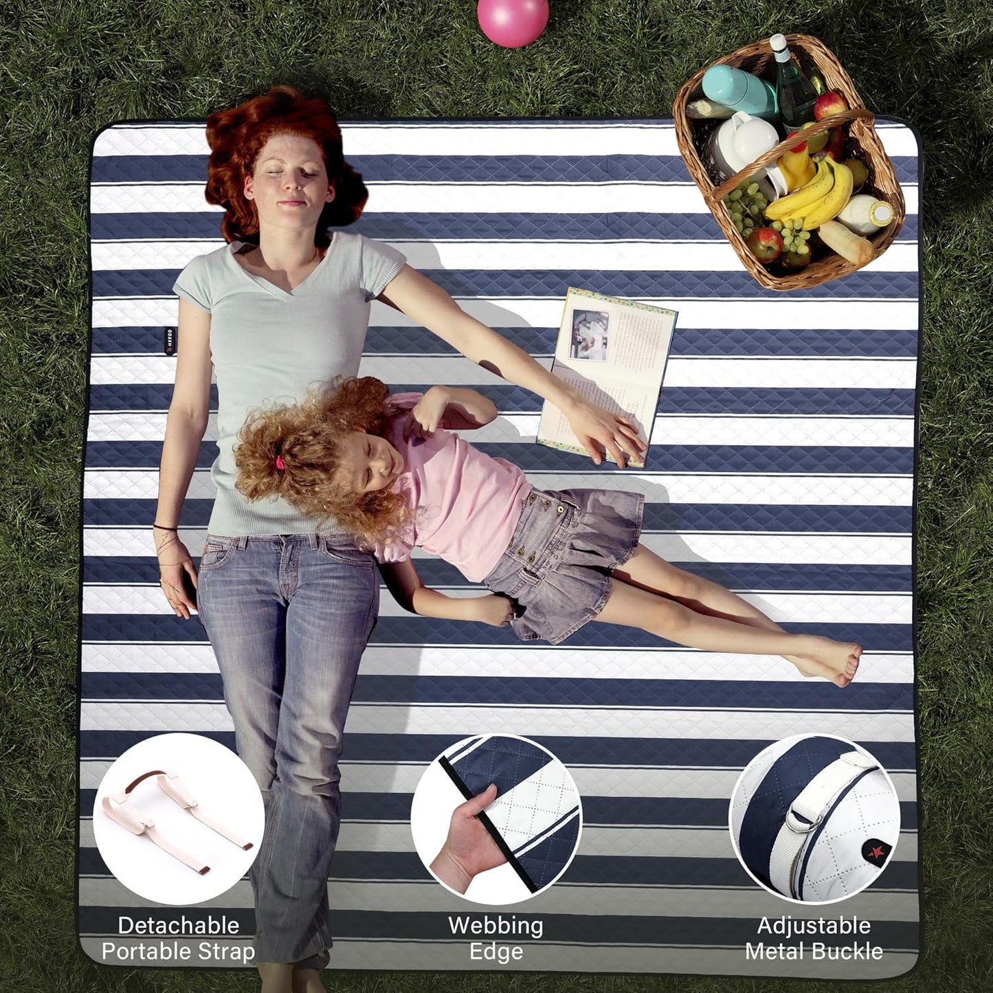 HX&OD Outdoor Picnic Blanket Extra Large, 80”x80” Waterproof Picnic Mat Foldable Camping Blanket Portable with Carry Strap for Beach Mat (Bule)