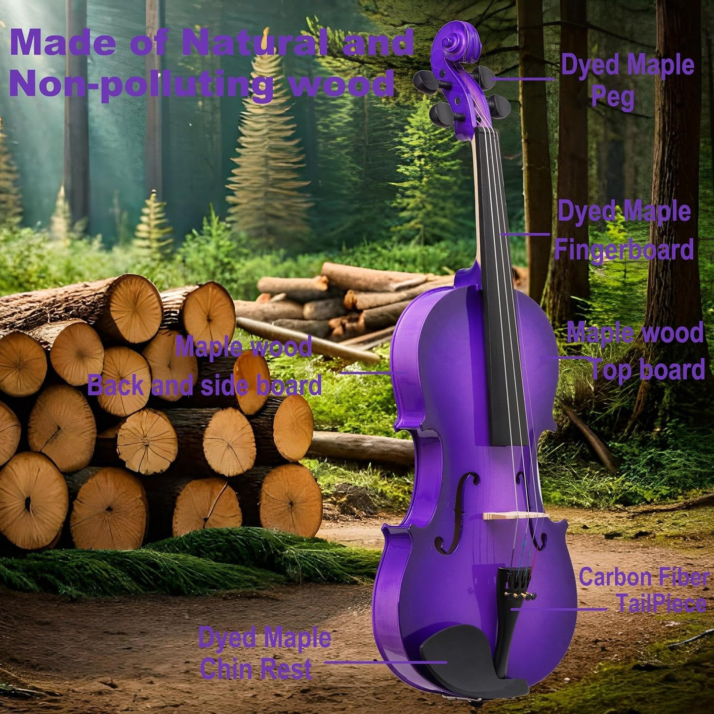 4/4 Full Size Fiddle Purple Colored Premium Violin Outfit for Beginners Adults Kids With 5 Color Fingering Tape- Handcrafted Student Beginner Violin. (Purple, 4/4 Full)