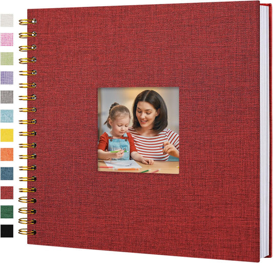 Scrapbook Photo Album Linen Cover, 10 x 10 Inch Hardcover Kraft White Pages Memory Book, for Travel Wedding Guest Book Christmas Baby Shower (40 Sheets/ 80 Pages,Red)