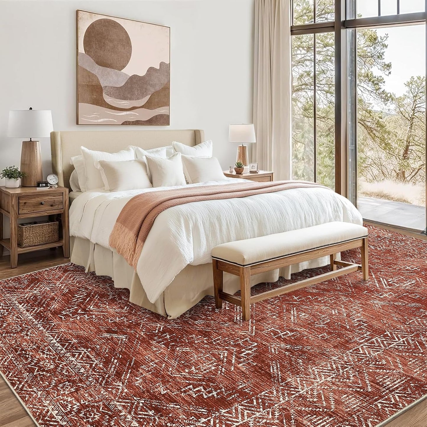 COZYLOOM 10x13 Area Rug Modern Indoor Area Rug Machine-Washable for Living Room or Bedroom Softness Foldable Mat for Easy Storage Geometric Design Non Slip Rug Stain Resistant Carpet, Brick Red