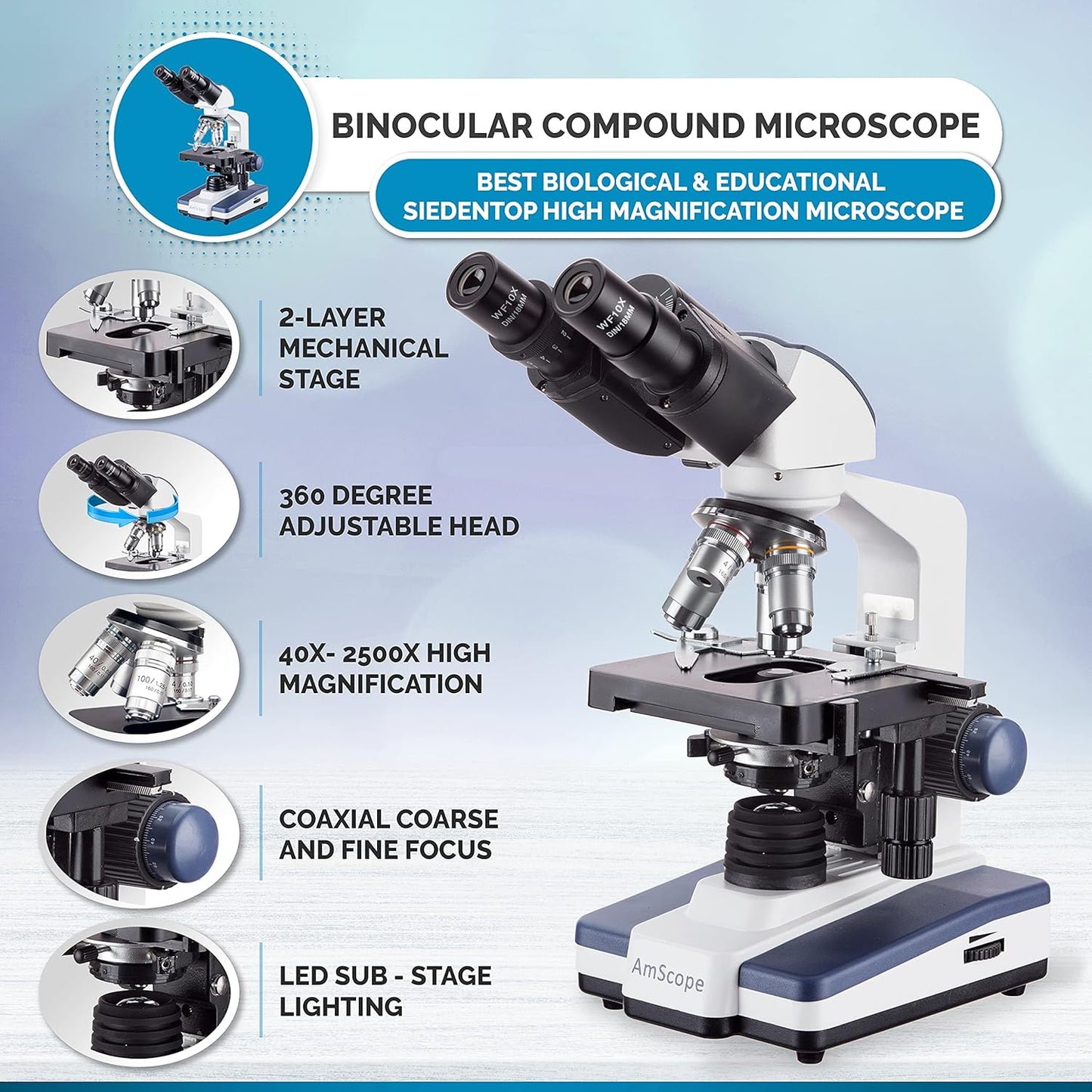 AmScope B120C-WM-BS Siedentopf Binocular Compound Microscope, 40X-2500X Magnification, Brightfield, LED Illumination, Abbe Condenser, Double-Layer Mechanical Stage, Includes Book, 50 Blank Slides, and 100 Coverslips