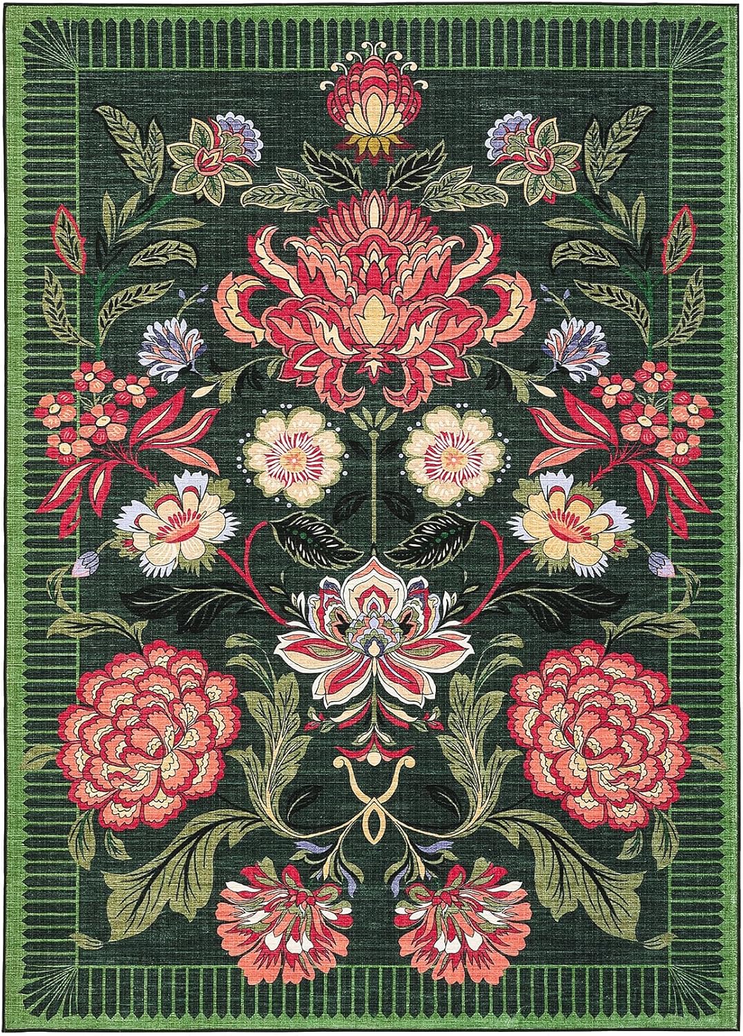 GarveeHome Forest Green Floral Botanical Washable 8x10 Rug for Living Room Soft Vintage Boho Cottage Large Rugs Low-Pile Carpet for Bedroom Dining Nursery Rug