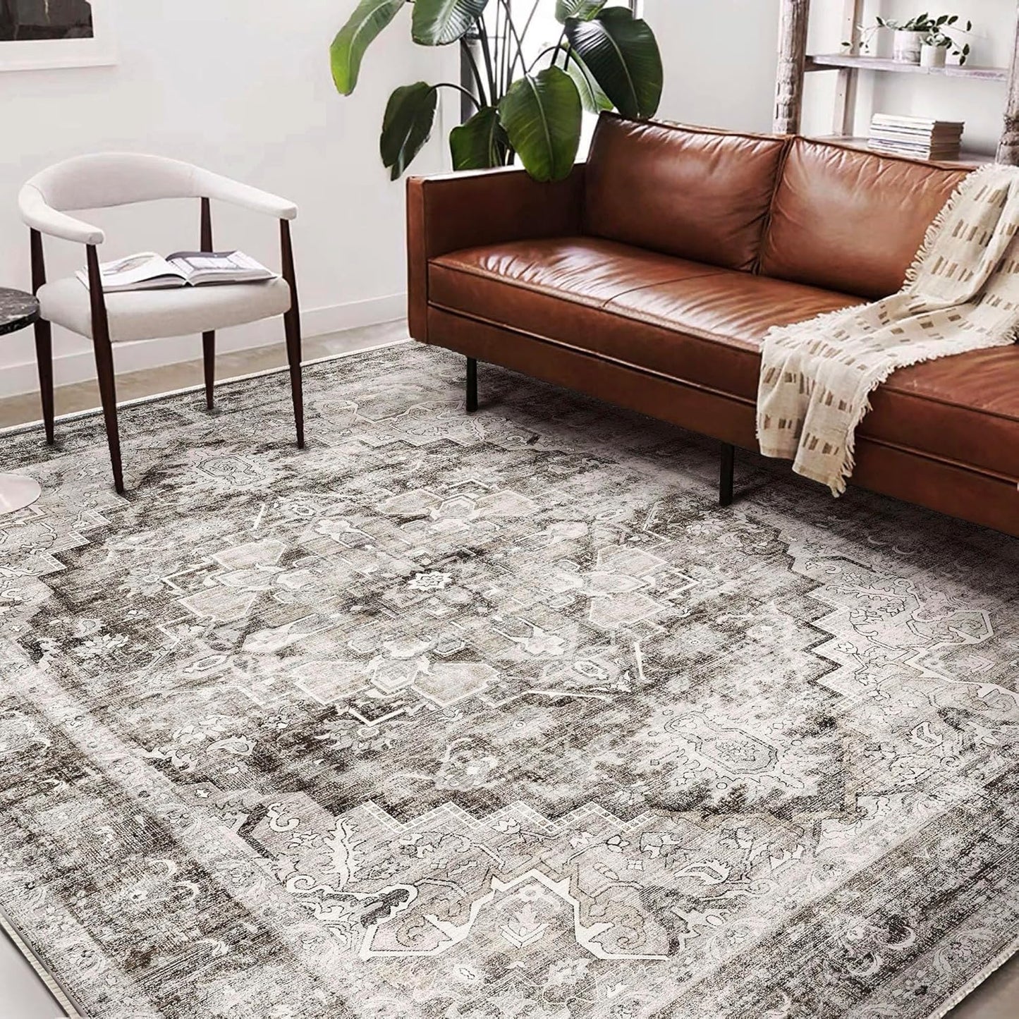 Washable Area Rug 9'x12' Deep Khaki Retro Flowers Boho Design Non-Shedding Easy Care Ideal for High Traffic Areas in Living Room Bedroom Office Coffee Table Kitchen Large Carpet