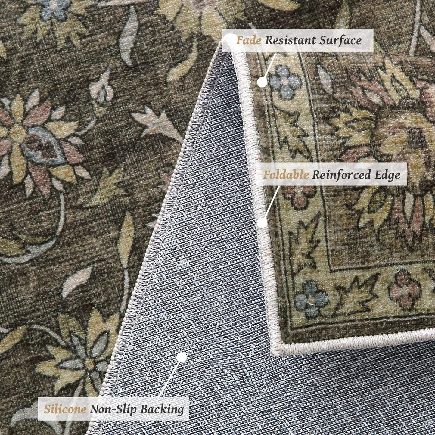 Washable 6x9 Area Rugs for Living Room, Boho Non-Slip Silicone Backing Large Rugs for Bedroom Dining Room Nursery Office, 0.3" Neutral Oriental Throw Carpet with 0.16" Cushioning Pad, Flaxen/Multi