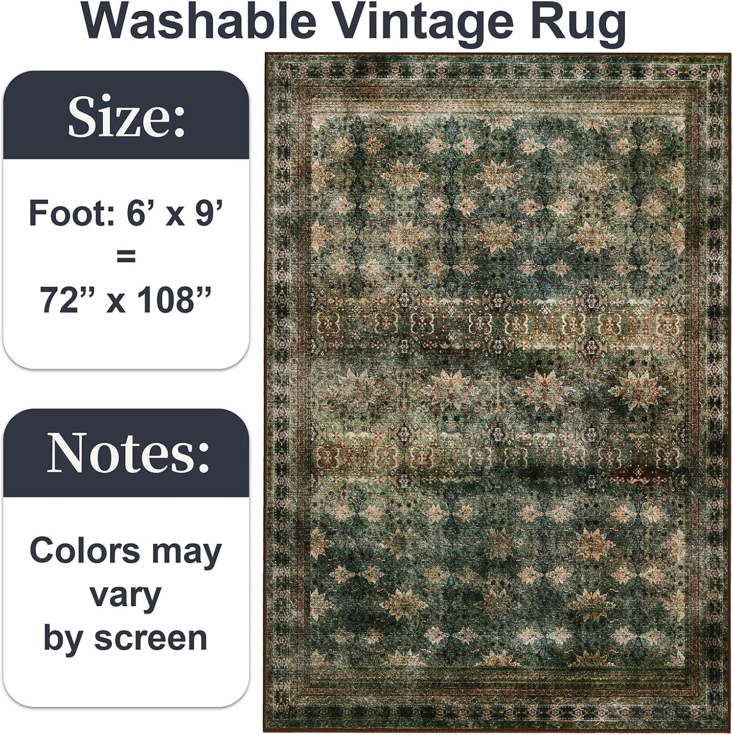 6x9 Washable Area Rug Non Slip, Thin Vintage Floral Living Room Rug Low Pile, Indoor Large Distressed Print Carpet for Bedroom, Dining Room, Farmhouse, Home Office, Dorm(Dark Green/Brown/Multi)