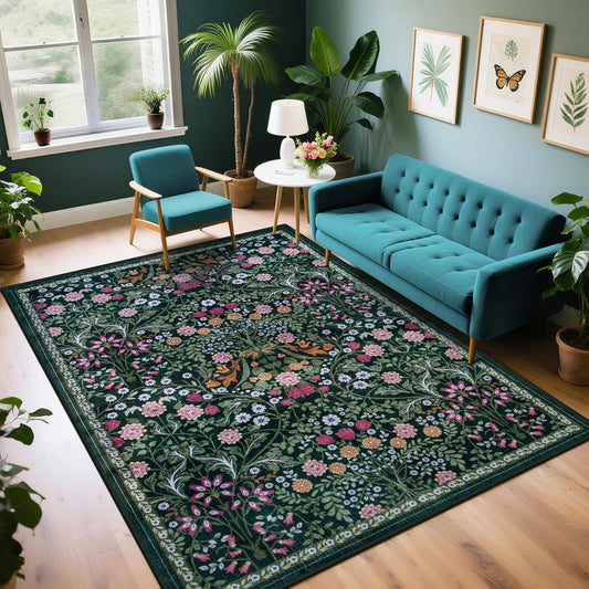 Area Rug Living Room Rugs: Floral 4x6 Washable Rug Vintage Soft Boho Non-Slip Carpet Indoor Floor Stain Resistant Large Carpets for Bedroom Dining Room Farmhouse Nursery Hallway Home Office Dark Green