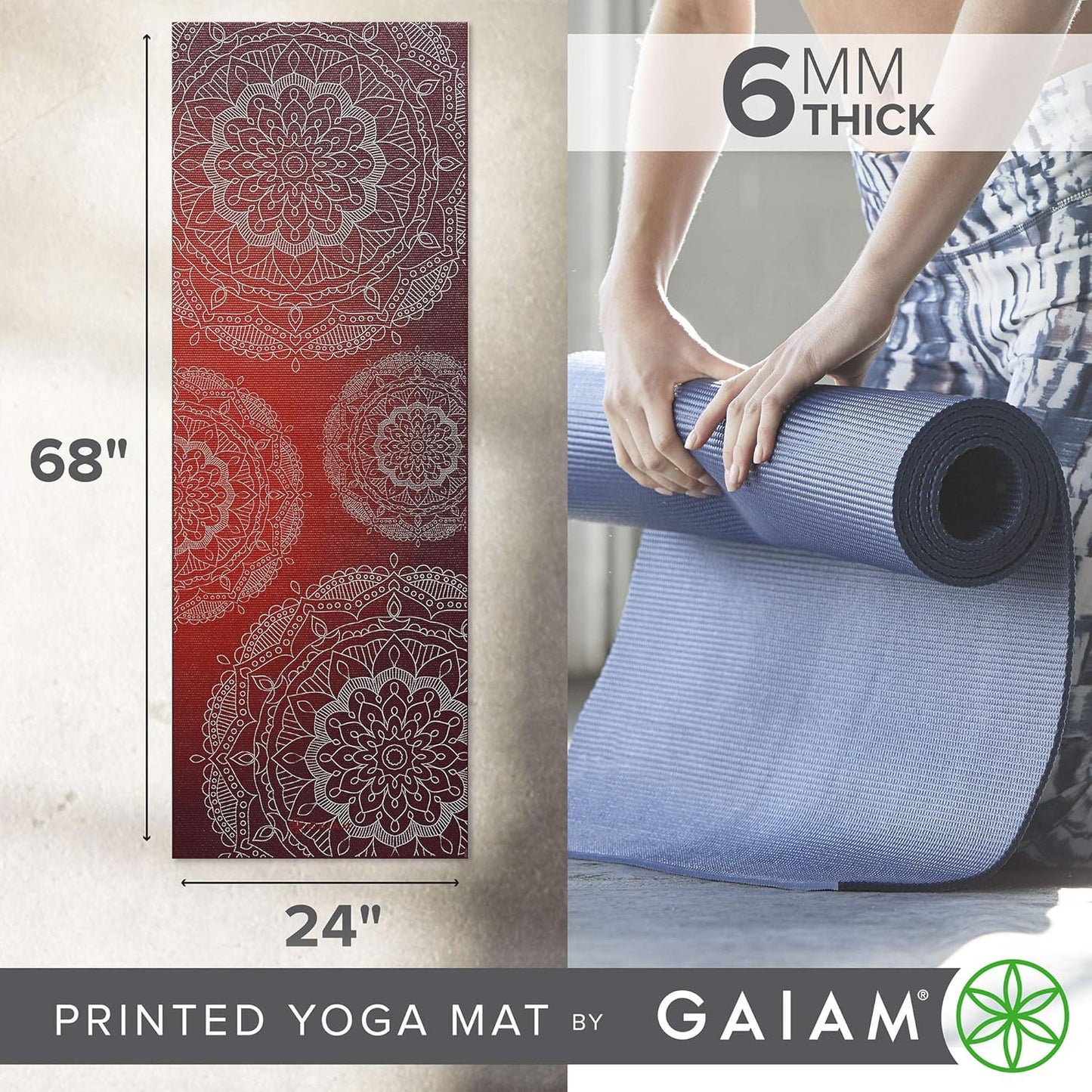 Gaiam Yoga Mat - Premium 6mm Print Extra Thick Non Slip Exercise & Fitness Mat for All Types of Yoga, Pilates & Floor Workouts (68"L x 24"W x 6mm Thick)