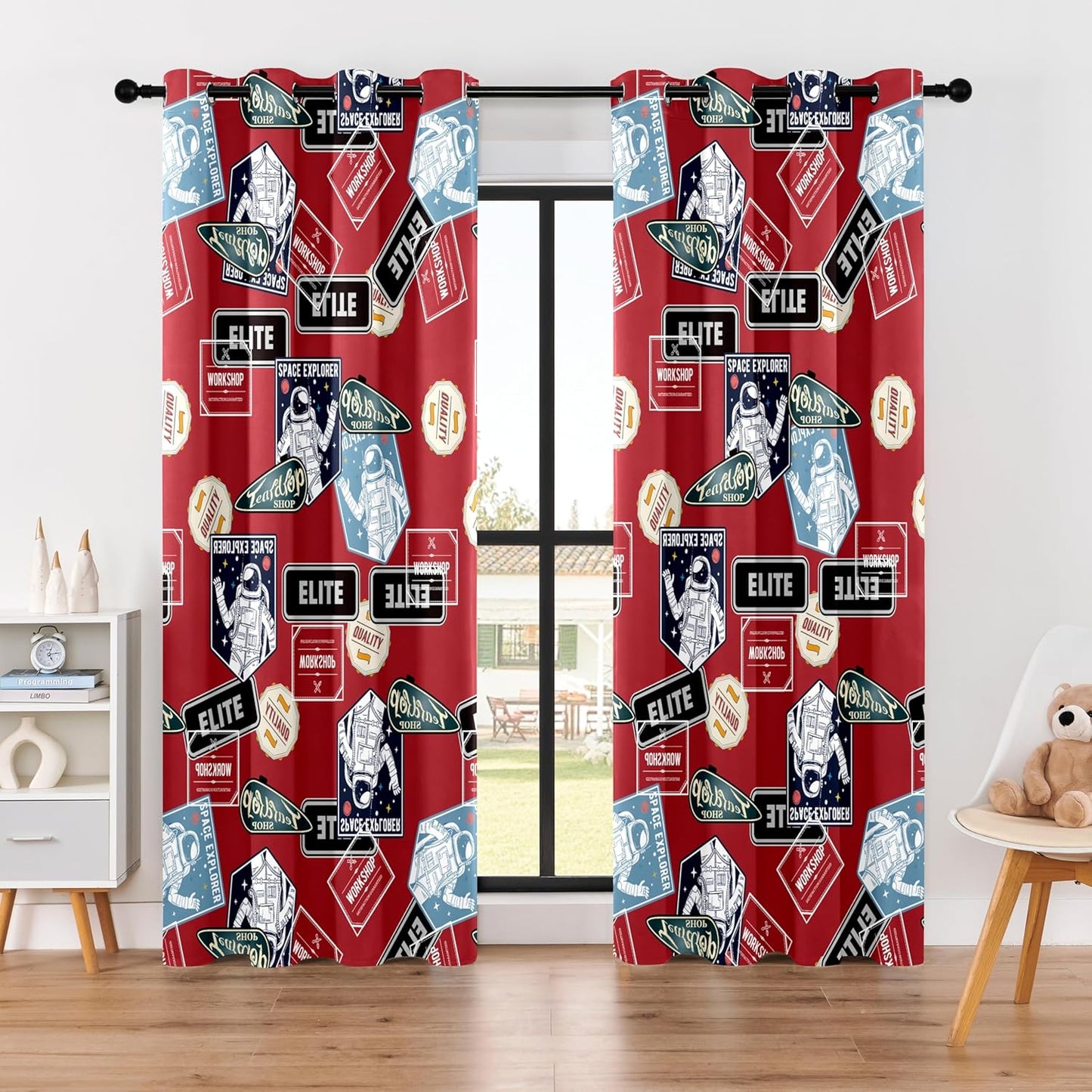 Kids Space Astronaut Blackout Curtains - 100% Blackout, Thermal Insulated, Noise Reducing, Perfect for Kids Room and Nersury, 2 Panels (Space Badge Crew, W52×L84)