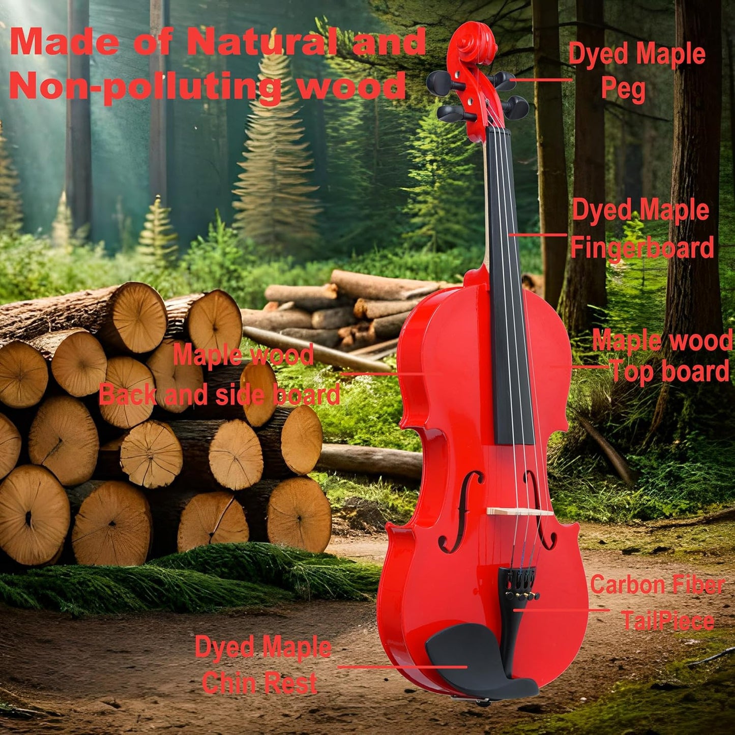 4/4 Full Size Fiddle Red Colored Premium Violin Outfit for Beginners Adults Kids With 5 Color Fingering Tape- Handcrafted Student Beginner Violin.