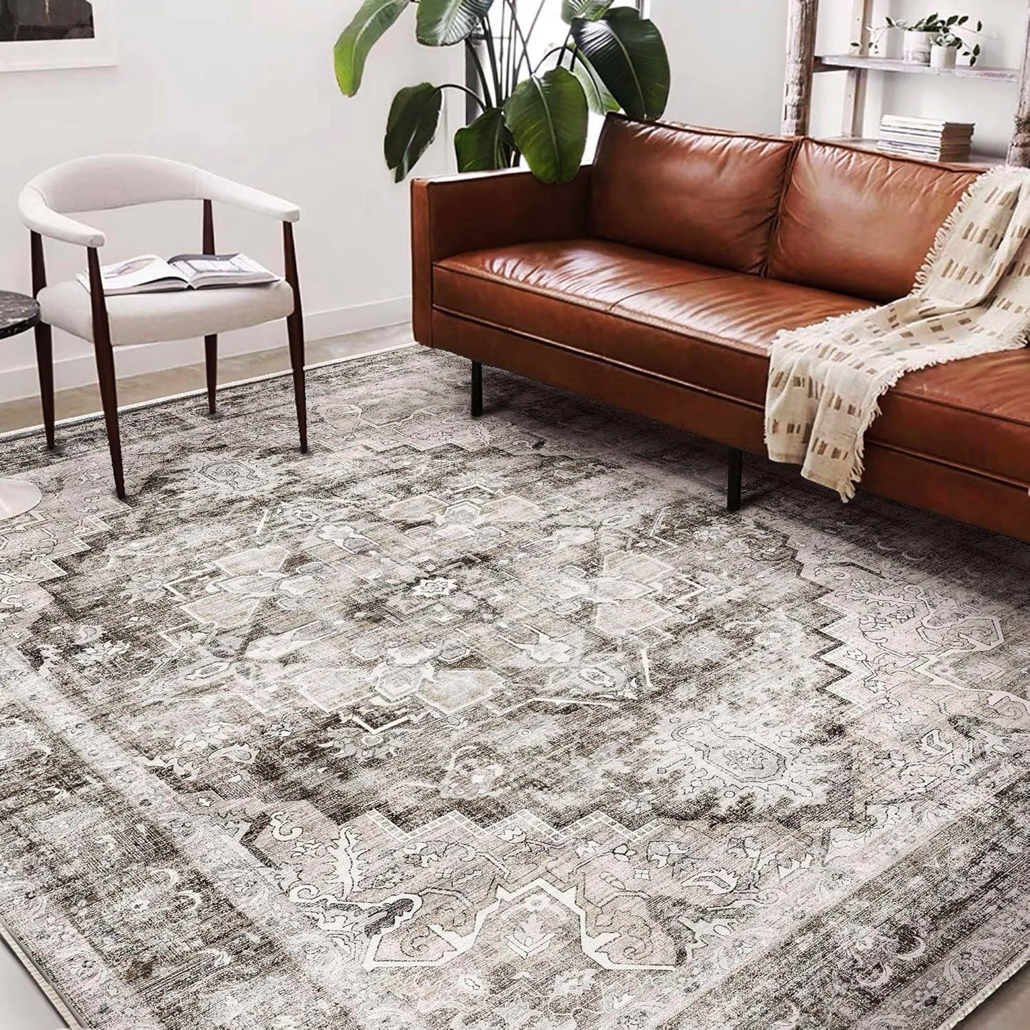 Area Rug 6'x9' Deep Khaki Washable Vintage Traditional Floor Cover Thin Retro Kitchen Indoor Distressed Non Slip Carpet for Living Room Bedroom Dining Room
