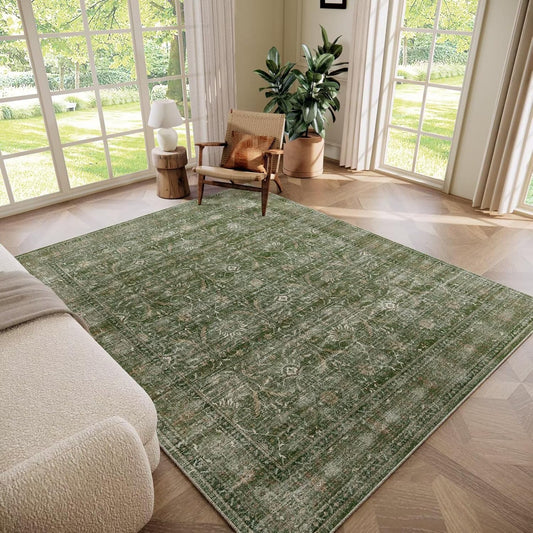 Washable 6x9 Area Rugs for Living Room, BoHo Non-slip Silicone Backing Large Rug for Bedroom Dining Room Nursery Office, 0.3" Neutral Oriental Throw Carpet with 0.16" Cushioning Pad, Grass Green/Multi