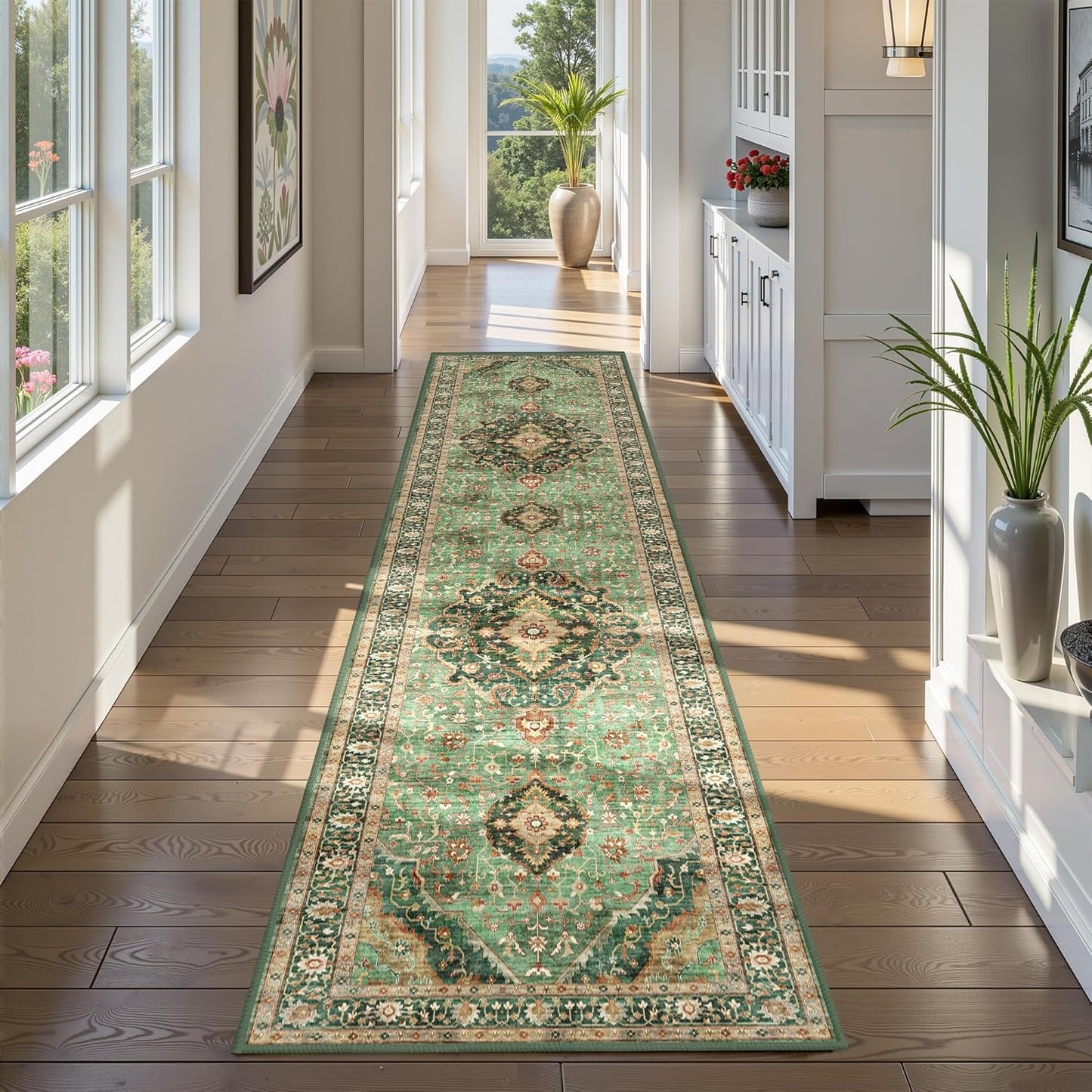 Green Runner Rugs 2x10 Boho Small Washable Area Rugs for Entryway Bathroom Kitchen, Long Rugs for Hallway Soft Low Pile Non-Slip Rubber Backing Oriental