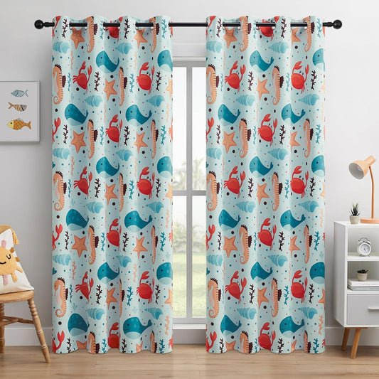Kids Blackout Curtains - Ocean Whale Design, 100% Blackout, 2 Panels, Each W52×L84, Thermal Insulated for Bedroom, Noise Reducing, Excellent Colorfastness, Dive into an Underwater Adventure