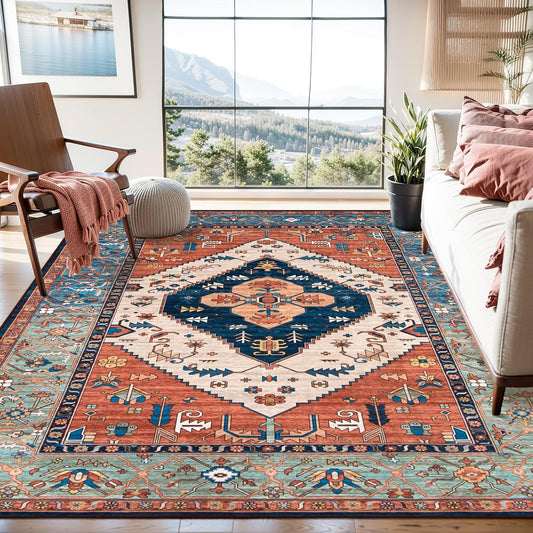Lahome 8 x 10 Area Rugs for Living Room - Boho Washable Non-Slip Backing Large Rug Ultra-Thin Stain Resistant Dining Room Rugs for Under Table, Oriental Print Carpet Rugs for Bedroom (Rust, 8'x10')