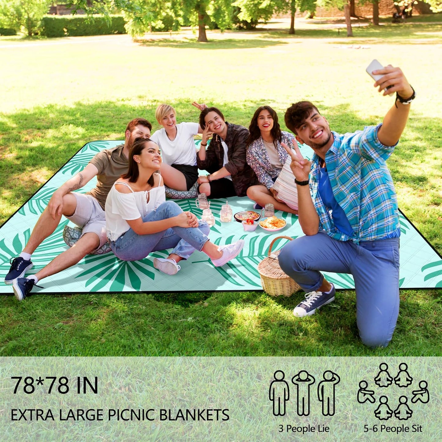 Picnic Blankets Waterproof Sandproof, 79''x79'' Extra Large Foldable & Portable Beach Blanket, 3-Layer Fabric Outdoor Mat for Family Camping, Park, Travel, Grass Lawn, Adults & Kids-Tropical Fern