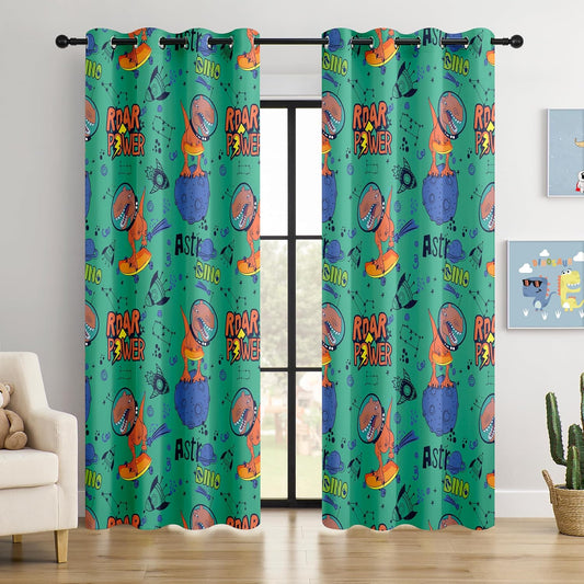 Kids Space Dinosaur Blackout Curtains - 100% Blackout, Thermal Insulated, Noise Reducing, Perfect for Kids Room and Nursery, 2 Panels (Roar Power Dino, W52×L84)
