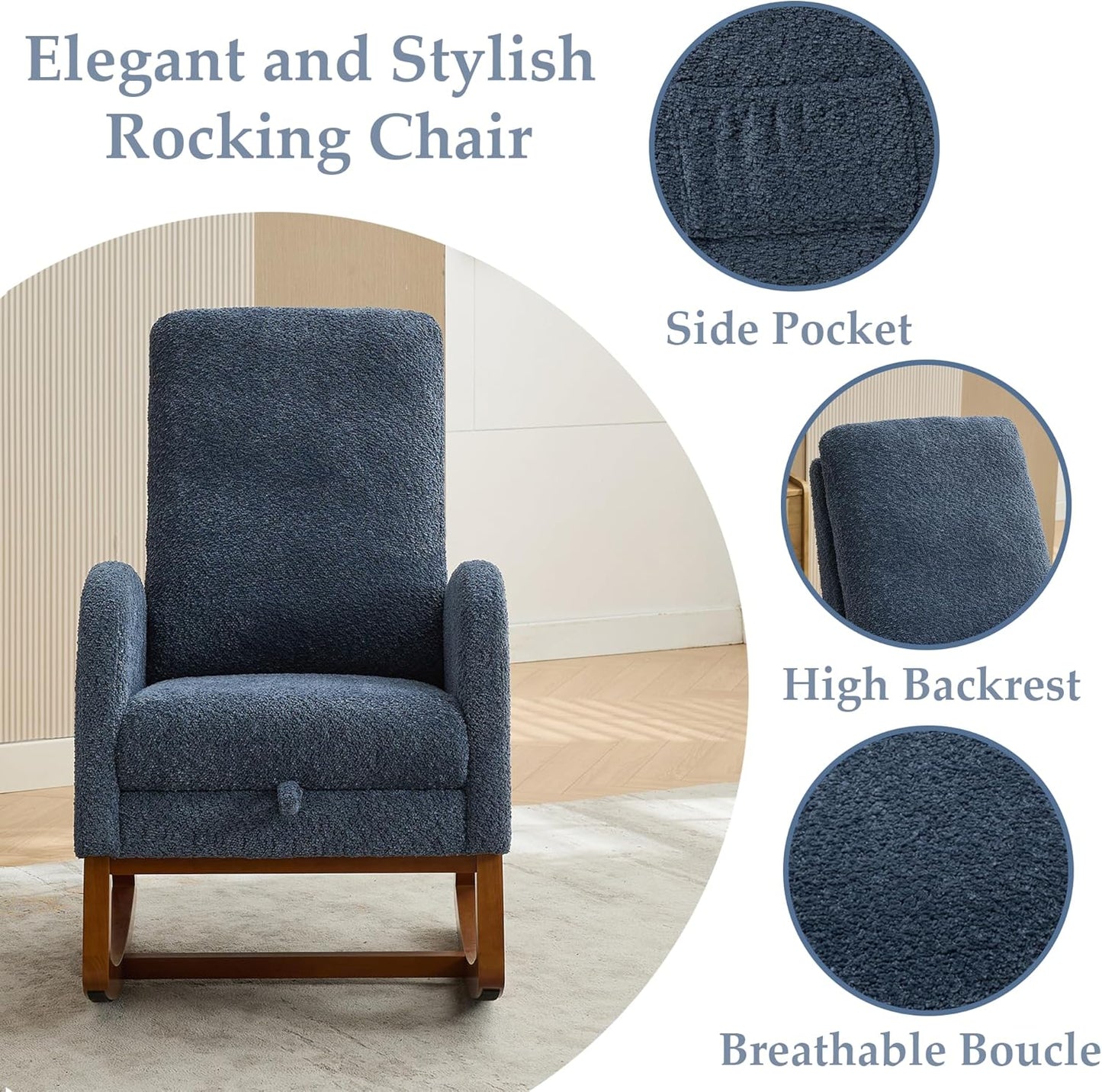 Nursery Rocking Chair with Foot Rest, Upholstered Glider Chair with Two Side Pockets, High Back Nursing Chair, Rocker Accent Armchair for Bedroom Living Room (Navy)