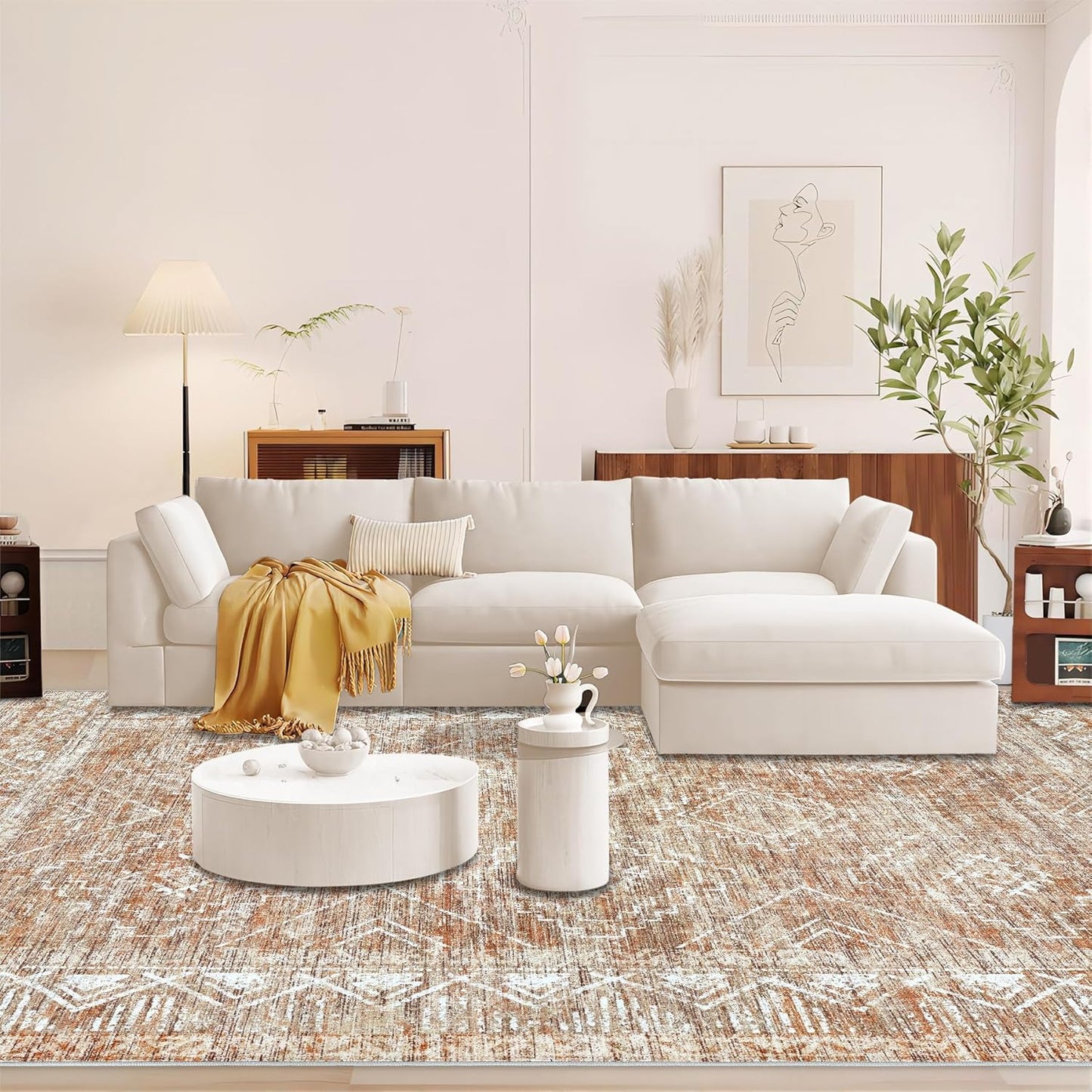 Moroccan Large Area Rug 6x9 - Soft Machine Washable Geometric Boho Distressed Farmhouse Rug Morden Stain Resistant Indoor Floor Carpet for Bedroom Dining Table Nursery Home Office (6 x 9, Brown)