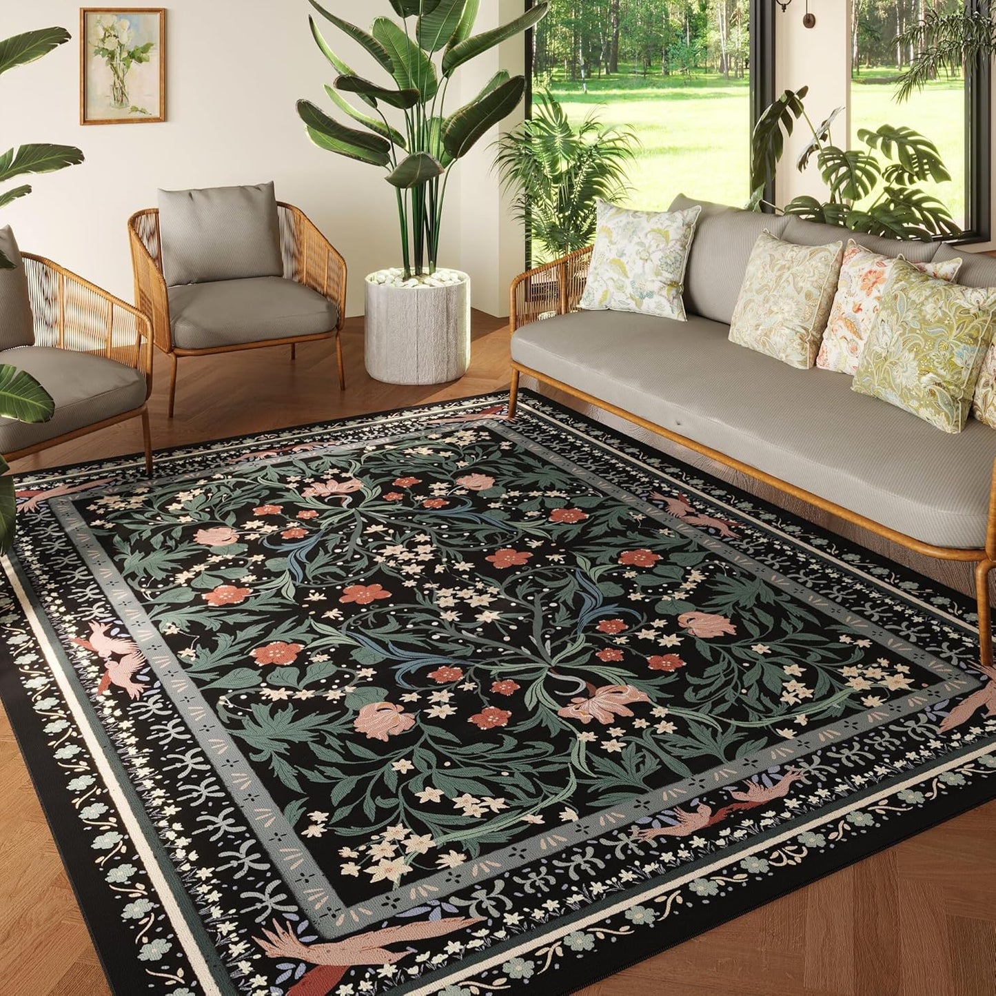 Area Rugs 8x10 for Living Room Clearance Washable Vintage Floral Botanical Rug Non Slip Low Pile Large Rug for Bedroom, Farmhouse, Dining Room, Kids Playroom, Black