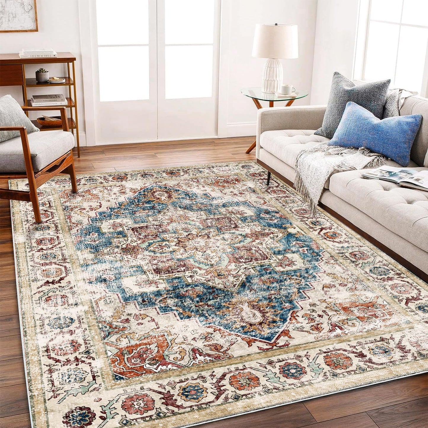 Washable Area Rug 5'x7' for Living Room Retro Beige Blue Boho Chic Medallion Distressed Design Indoor Non-Slip Large Persian Oriental Accent Throw Rug for Kitchen Bedroom Office Carpet