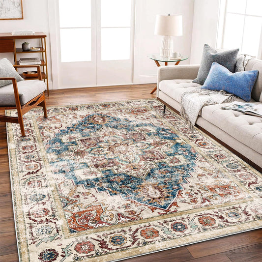 Washable Area Rug 9'x12' Beige Blue Boho Chic Medallion Distressed Design Non-Shedding Easy Care Ideal for High Traffic Areas in Living Room Bedroom Office Coffee Table Large Carpet