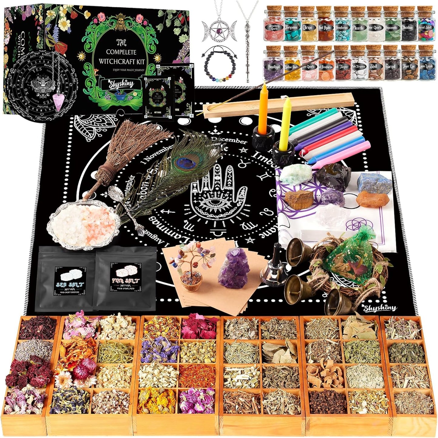 Witchcraft Supplies Kit, 150Pack Wiccan Supplies and Tools Witchy Gifts for Beginners, Dried Herbs, Crystals, Candles, Green Witch Altar Starter Spell