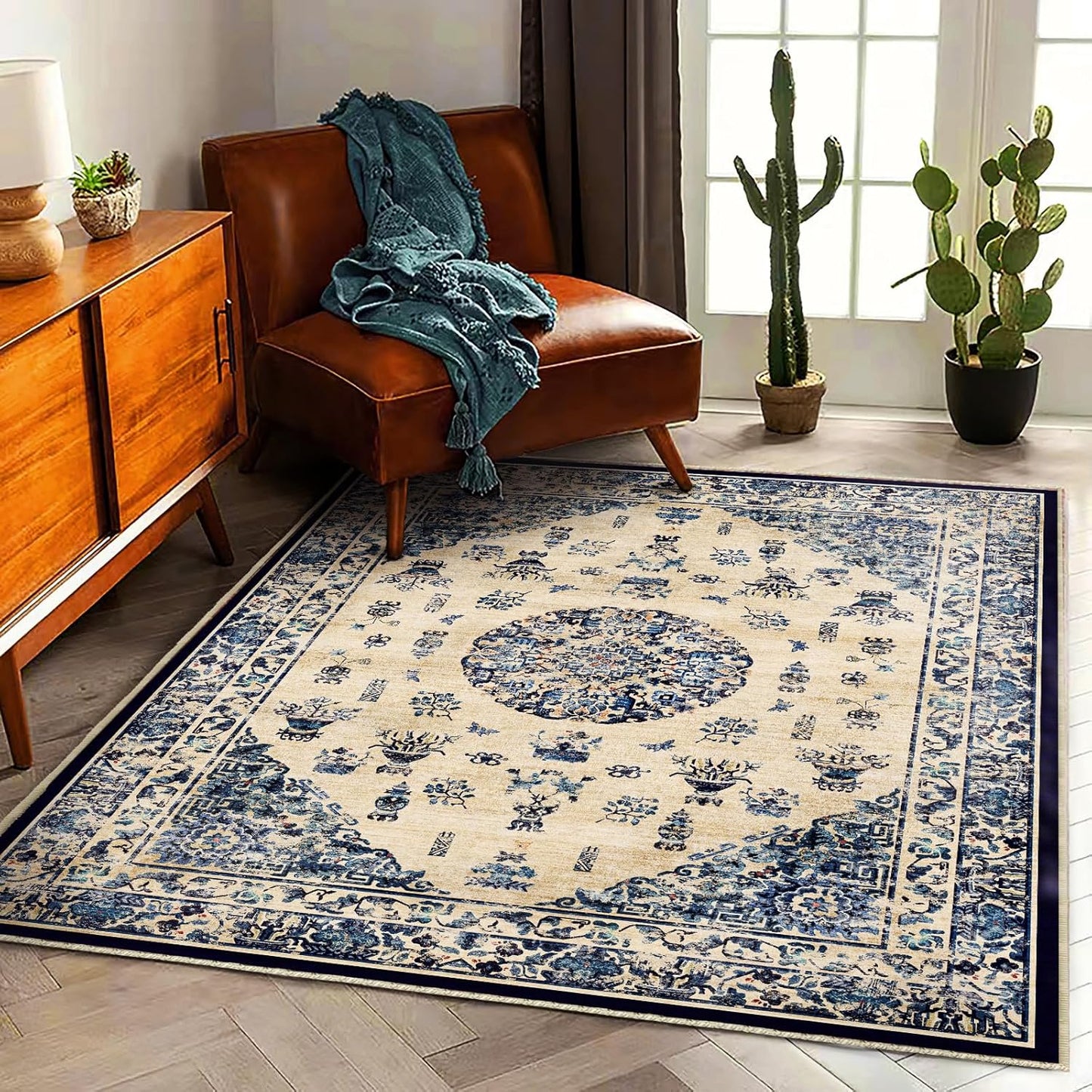 Area Rug 5'x7' Washable Rug Traditional Floor Cover Thin Retro Kitchen Indoor Distressed Non Slip Carpet for Living Room Bedroom Dining Room