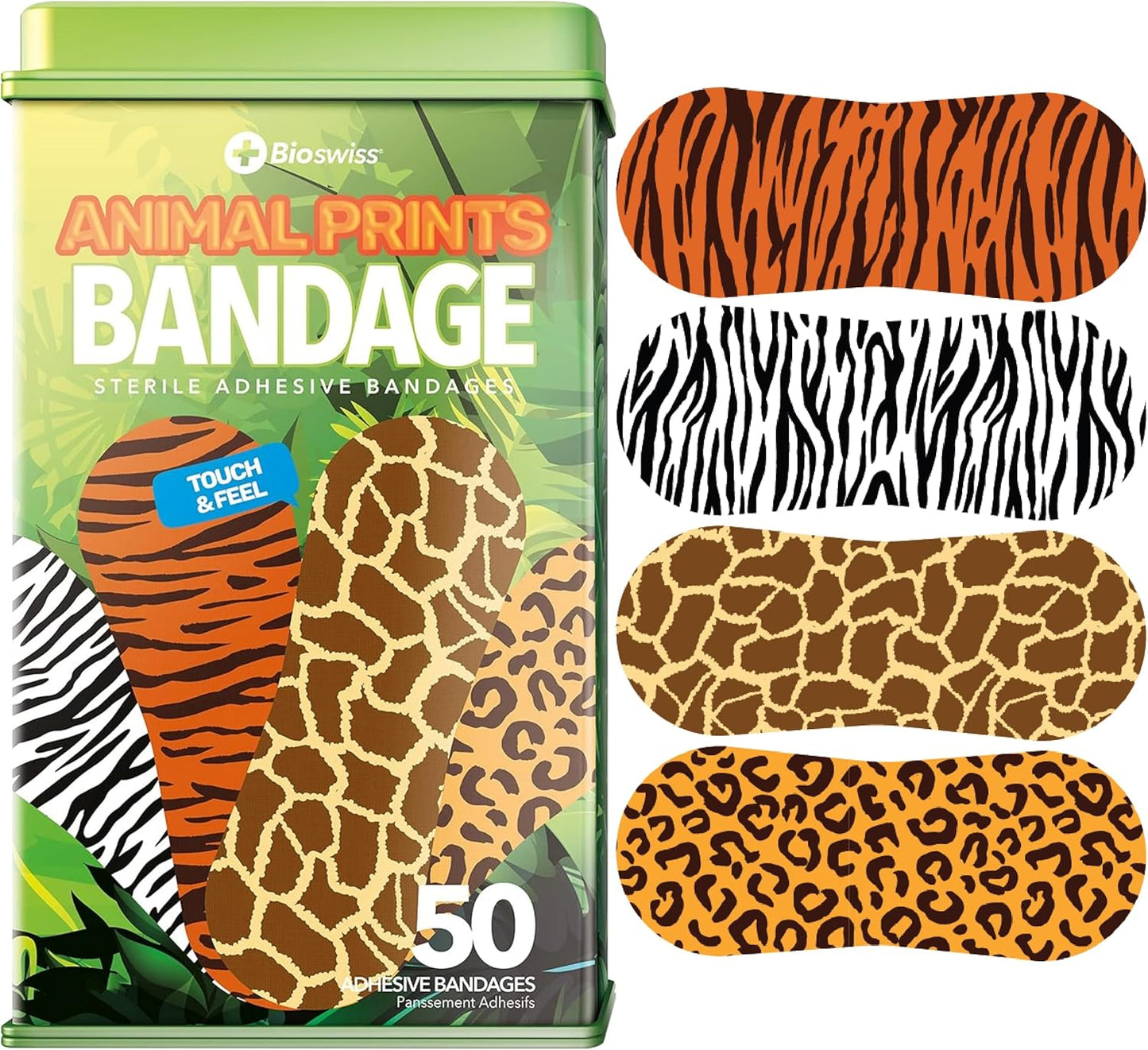 BioSwiss Bandages, Animal Print Shaped Self Adhesive Bandage, Latex Free Sterile Wound Care, 50 Count