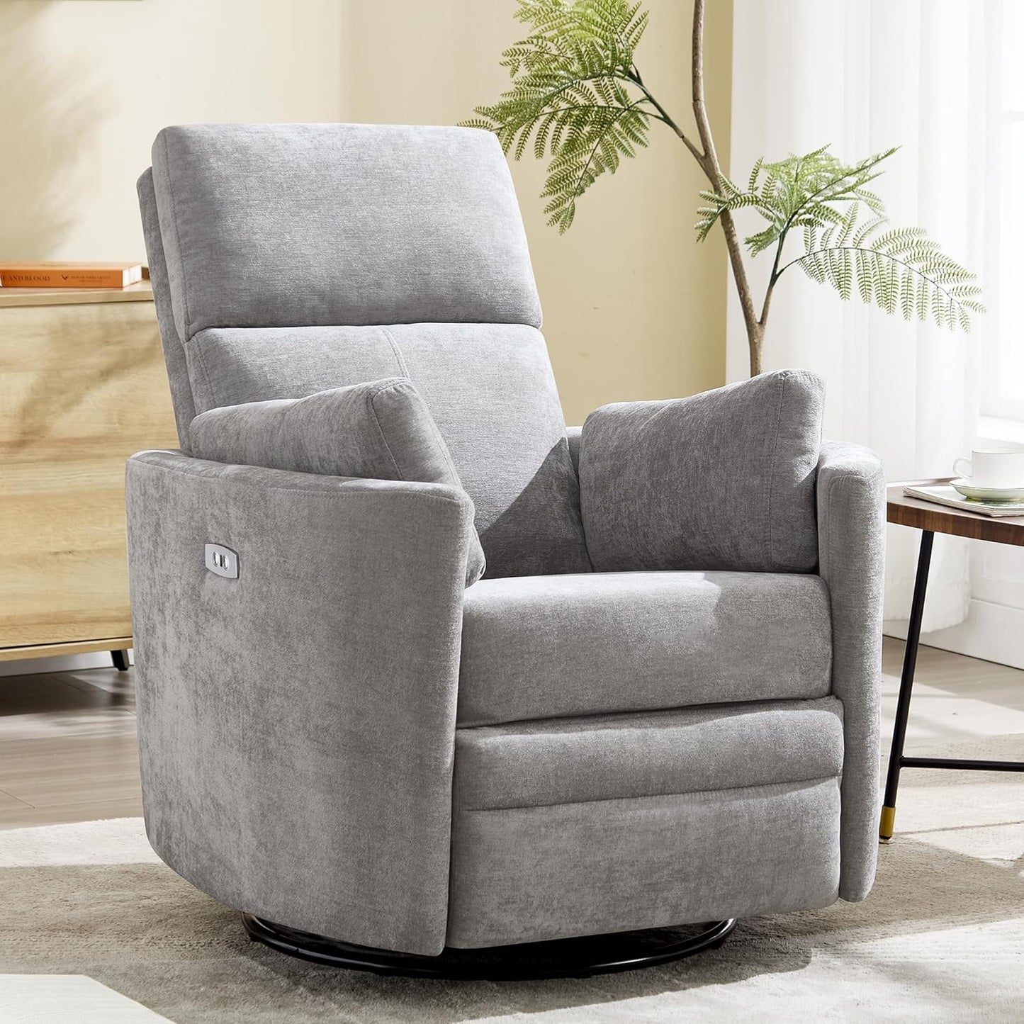Power Recliner, Upholstered Nursery Adult Swivel Rocking Glider, Electric Recliner Chair with USB Port with 2 Pillows for Living Room Bedroom (LIGHTGREY, Power-Driven)