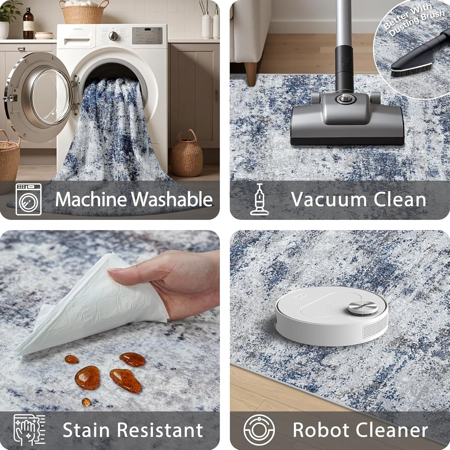 Washable Rug 6x9 Area Rugs: Abstract Washable Rugs with Non-Slip Backing, Stain Resistant Indoor Floor Carpet for Bedroom Dining Room Table Nursery Hallway Home Office Blue/Gray/Black